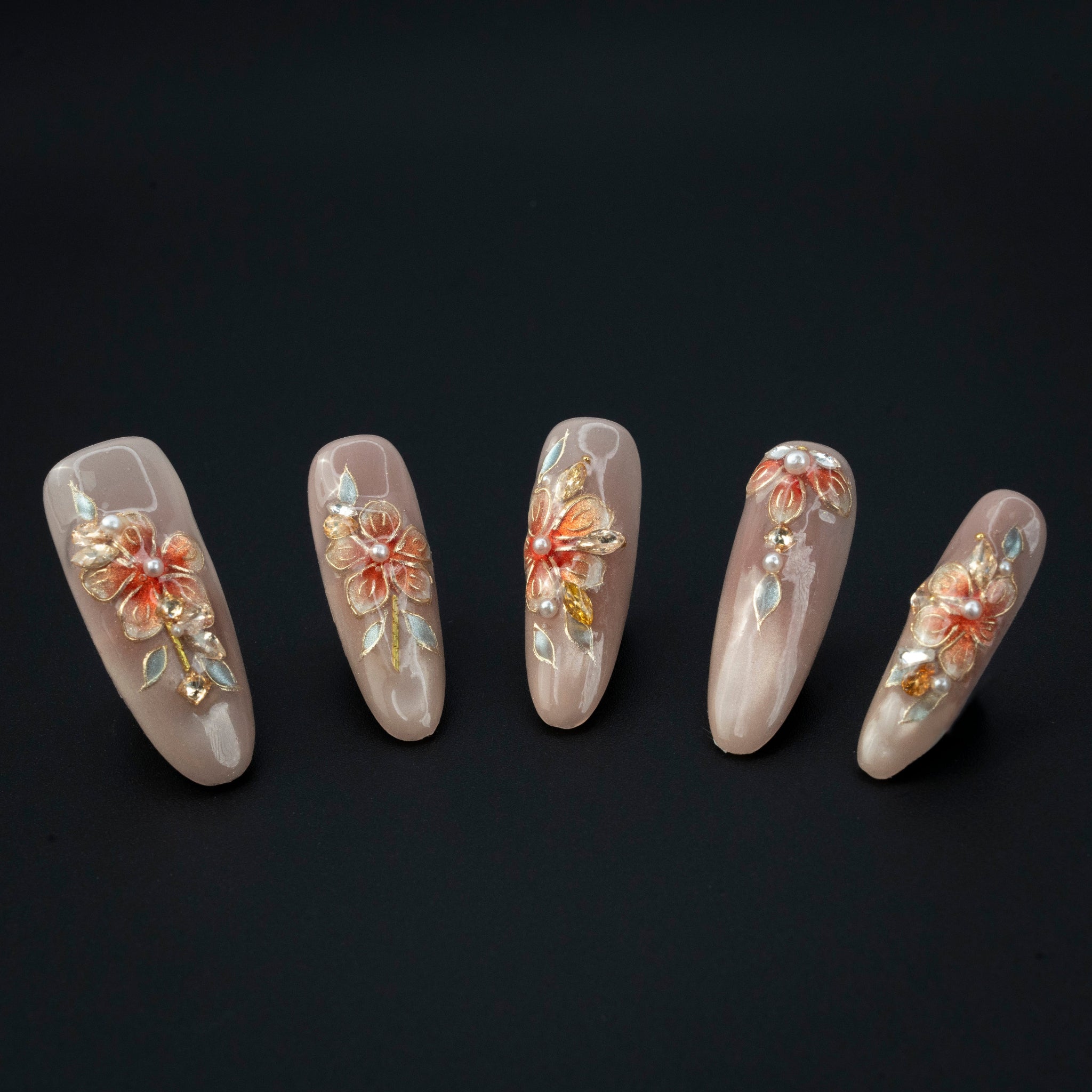 "Blossom Dew" Elegant 3D Floral Pearl Gold Press-On Nails - Almond Nails