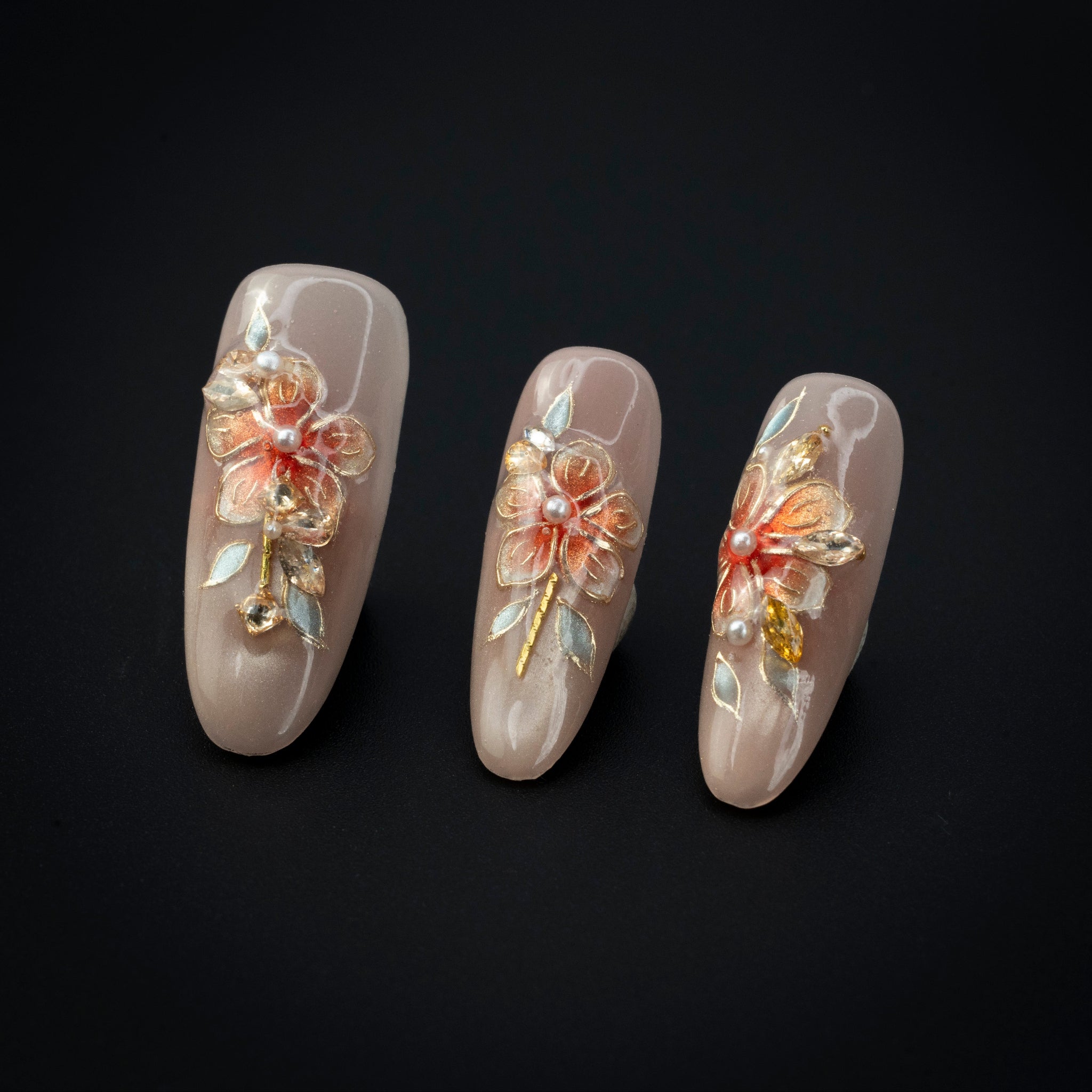 "Blossom Dew" Elegant 3D Floral Pearl Gold Press-On Nails - Almond Nails