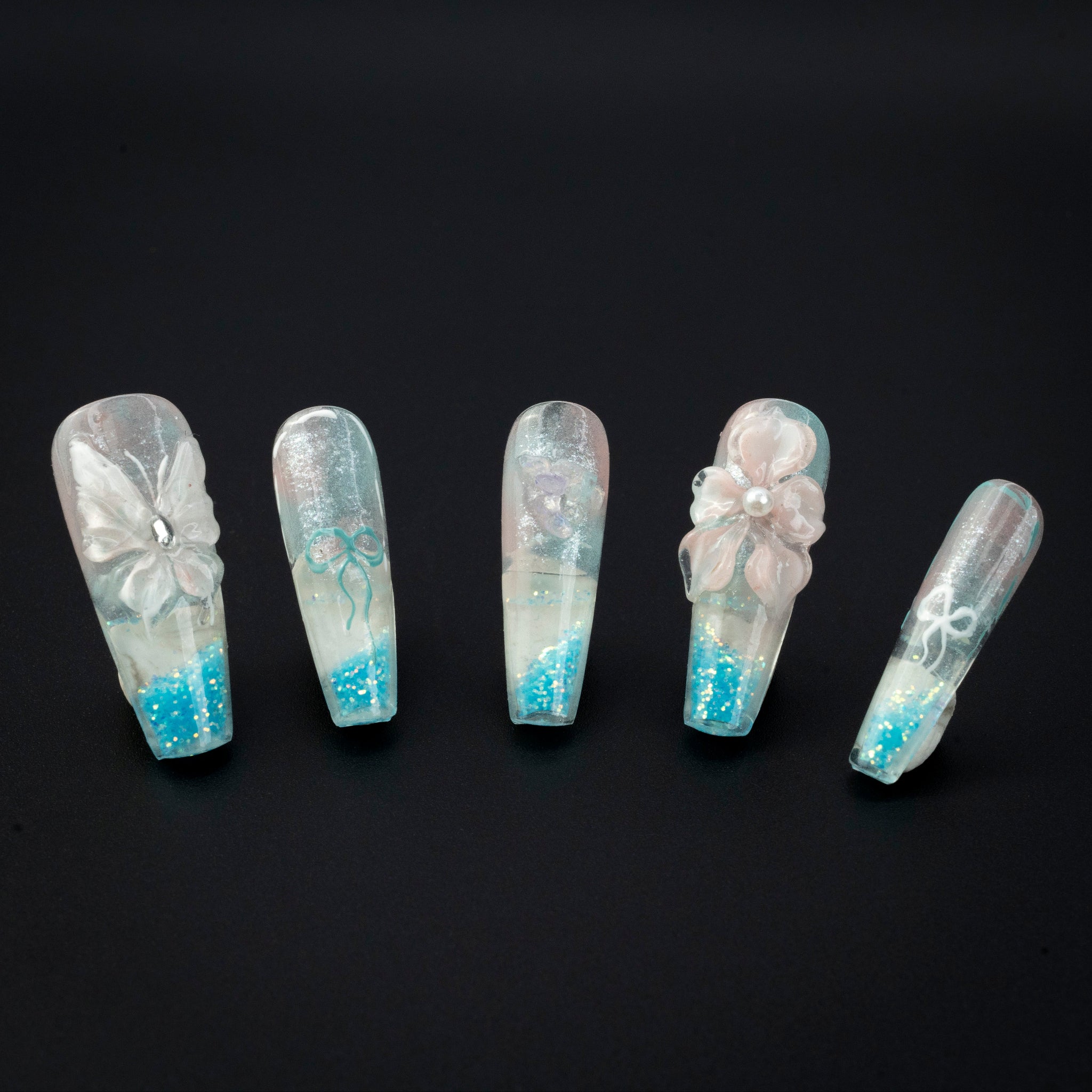 "Butterfly Dream" Blue Glitter 3D Butterfly Floral Press-On Nails - Coffin Nails