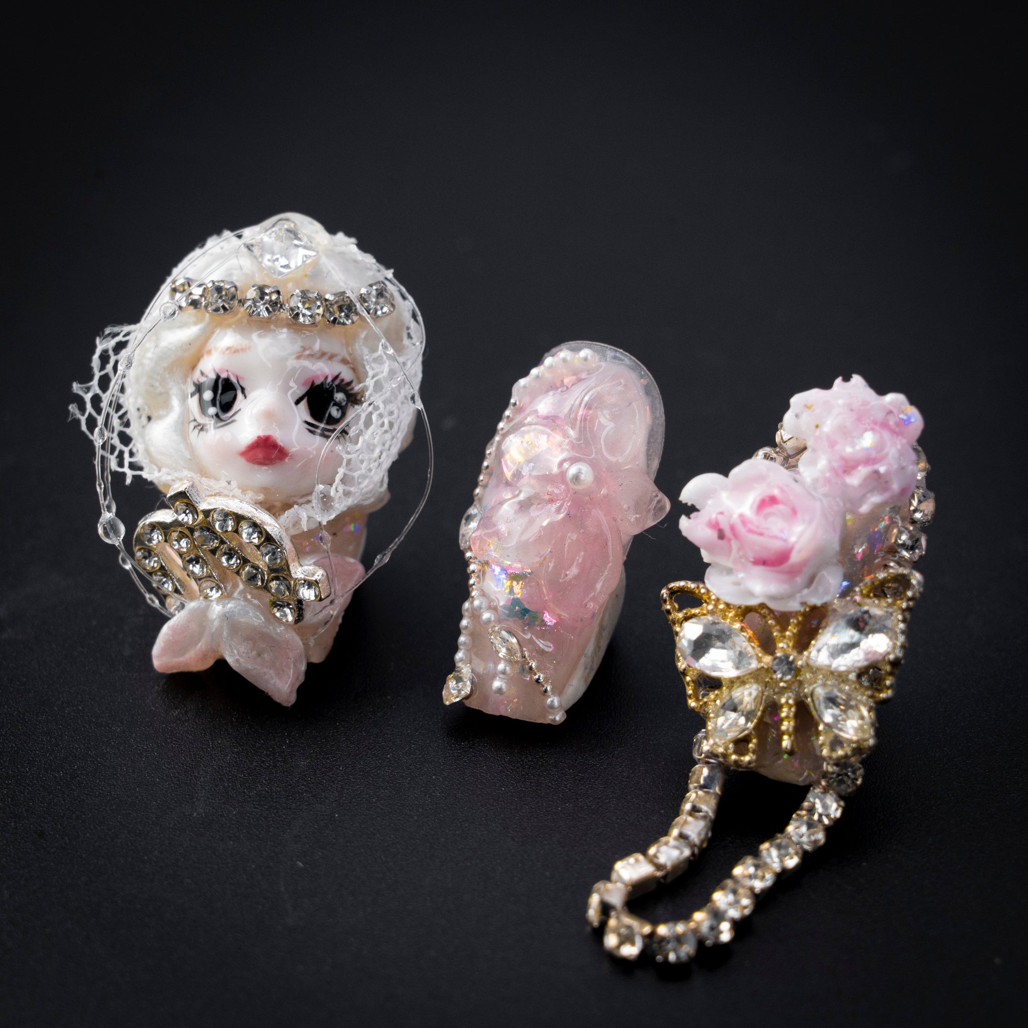 "Butterfly Princess" Pink Luxury 3D Doll Floral Press-On Nails - Coffin Nails