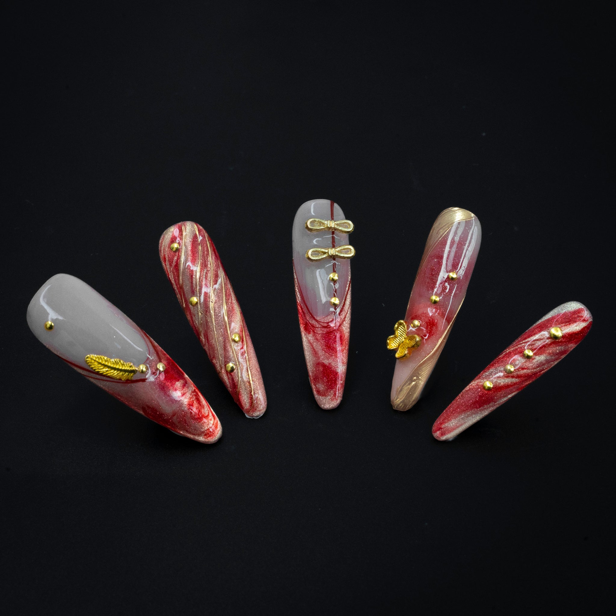 "Crimson Plume" Luxury Gold Red Marble Press-On Nails - Almond Nails