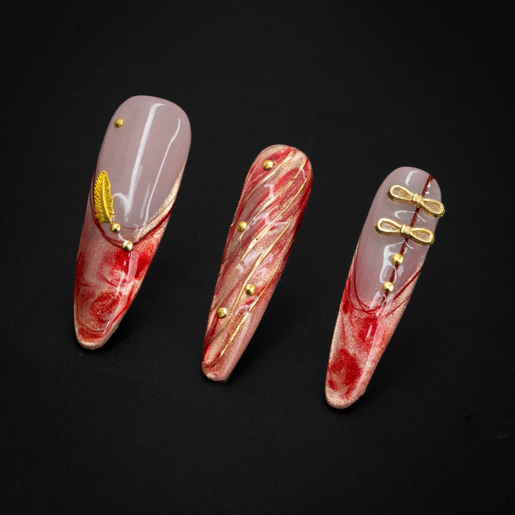 "Crimson Plume" Luxury Gold Red Marble Press-On Nails - Almond Nails