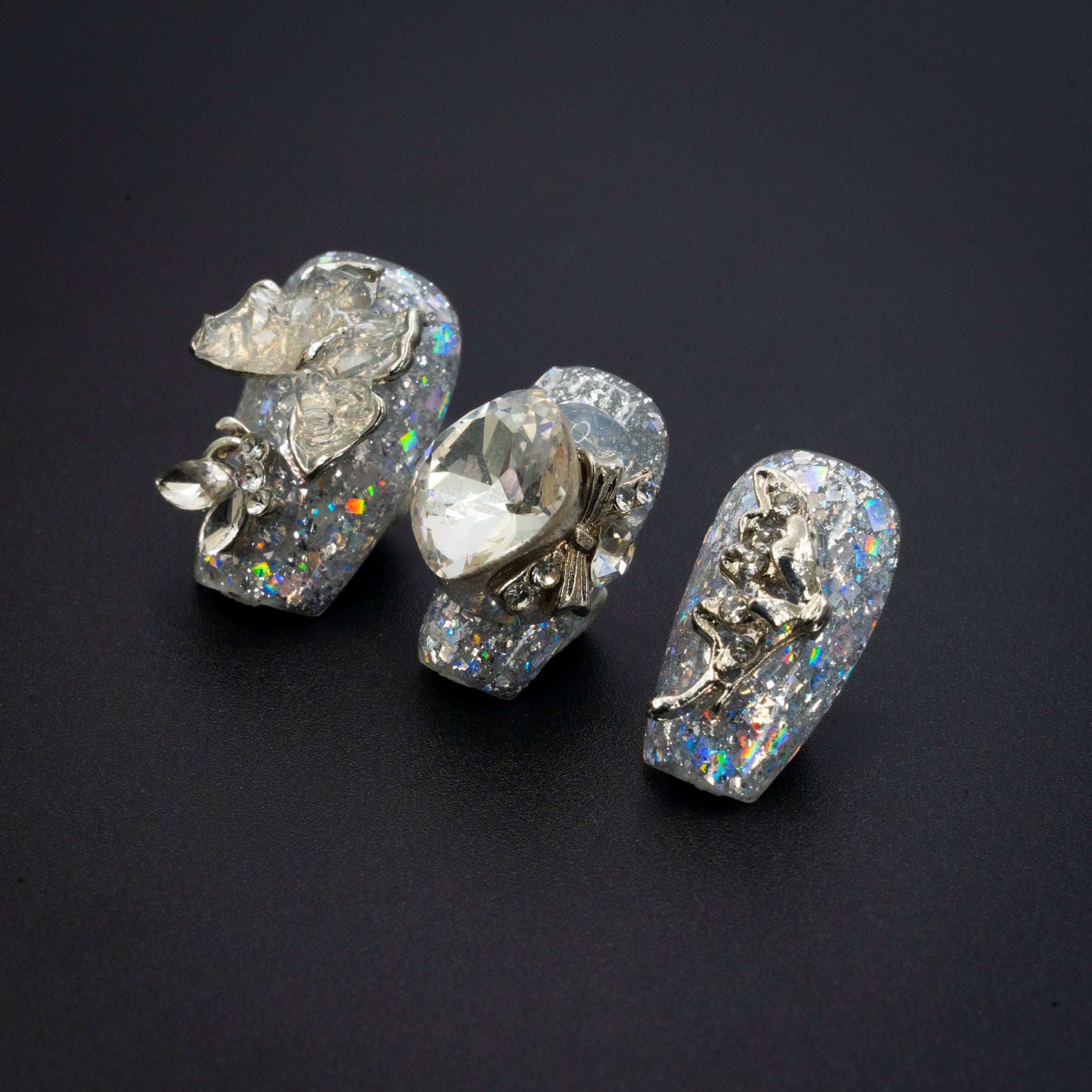 "Crystal Ballet" Silver Glitter Jeweled Press-On Nails - Coffin Nails