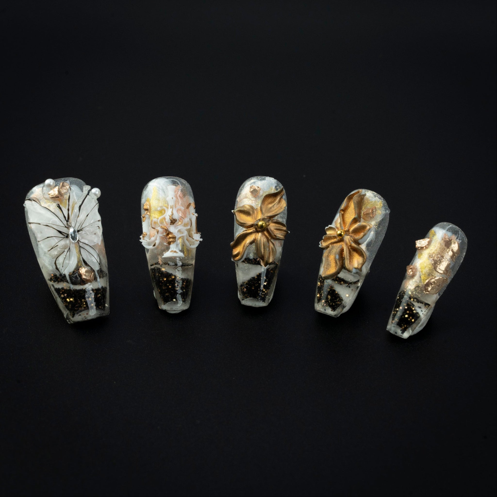 "Embossed Bouquet" Black Gold 3D Floral Press-On Nails - Coffin Nails