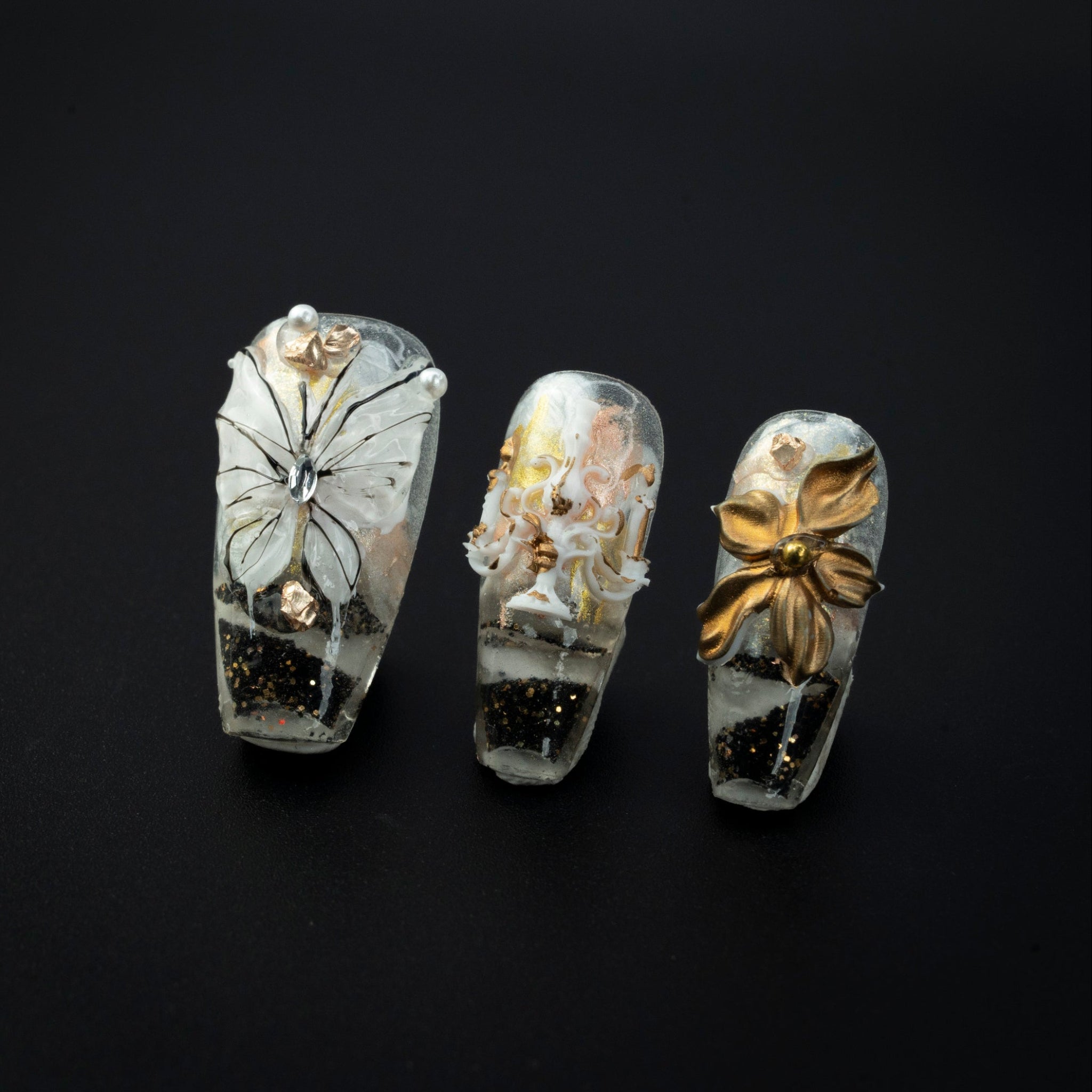"Embossed Bouquet" Black Gold 3D Floral Press-On Nails - Coffin Nails