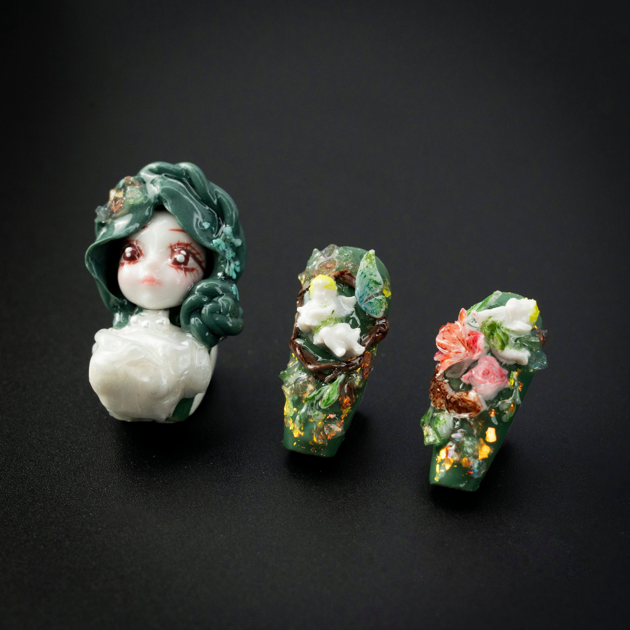 "Emerald Odyssey" Artistic Green 3D Fairy Floral Press-On Nails - Coffin Nails