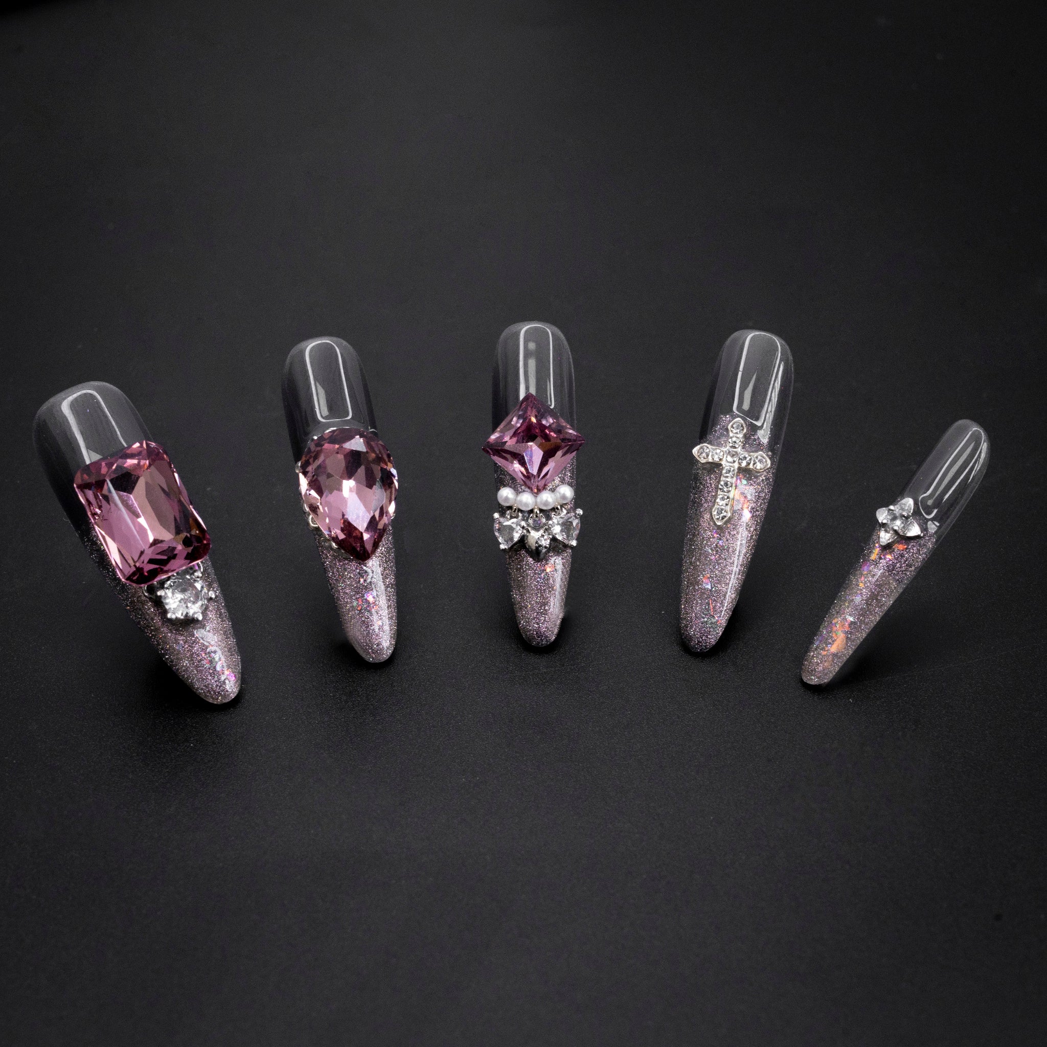 "Faerie's Cache" Luxury Pink Gem Glitter Press-On Nails - Almond Nails