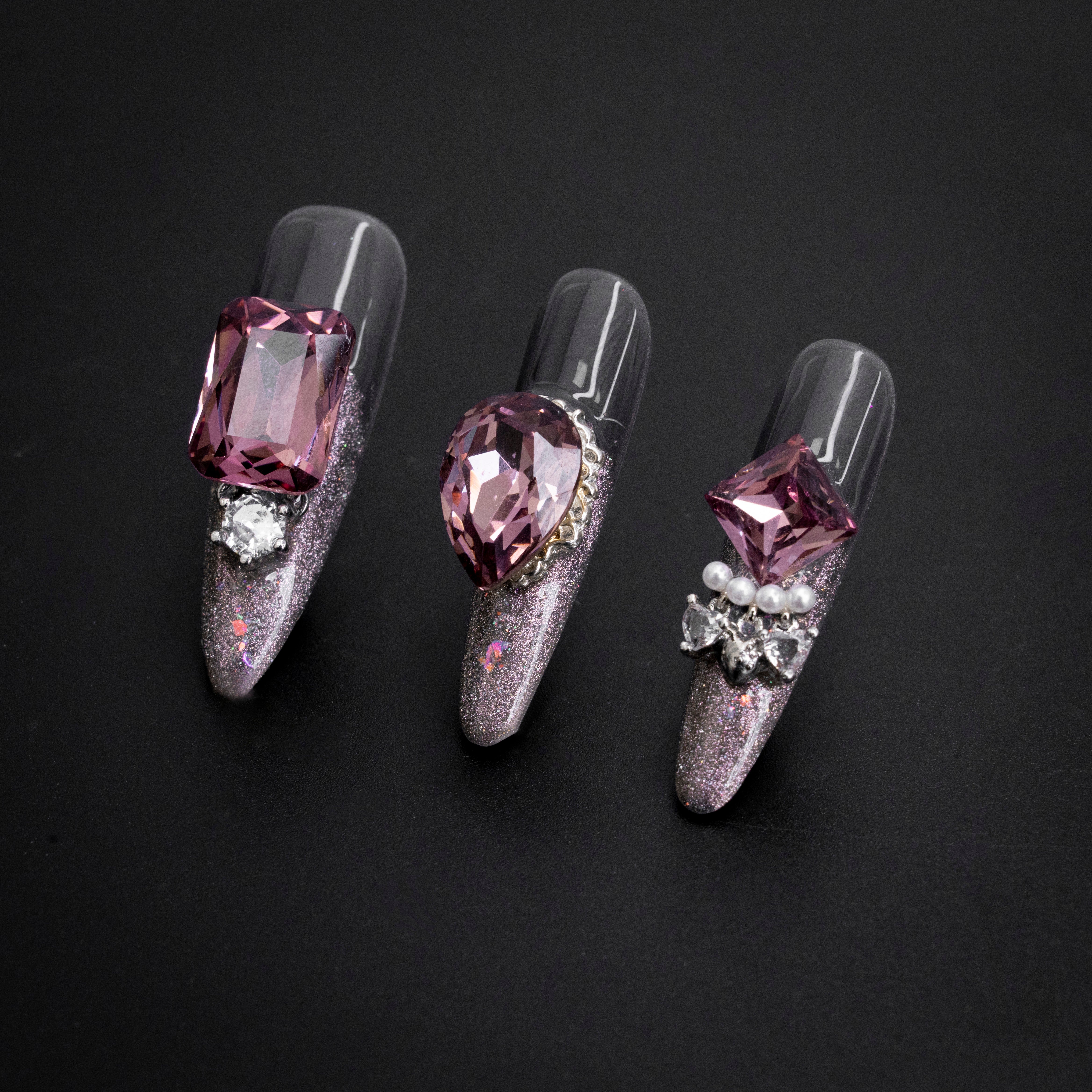 "Faerie's Cache" Luxury Pink Gem Glitter Press-On Nails - Almond Nails