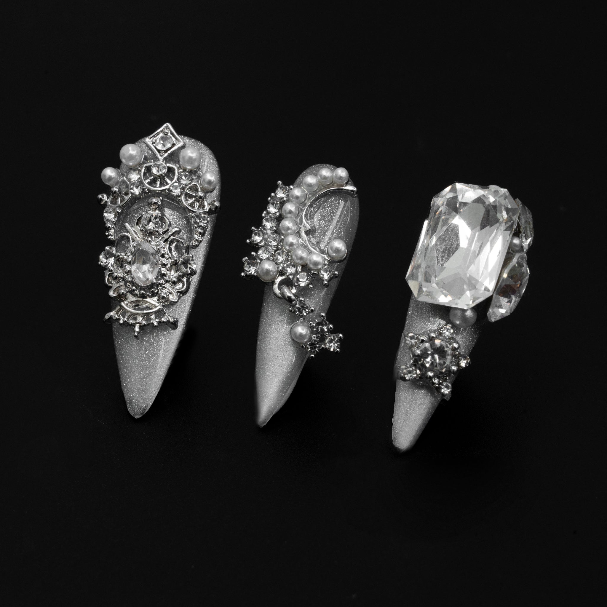 "Galactic Soiree" Luxury Pearl Silver Crystal Press-On Nails - Stiletto Nails