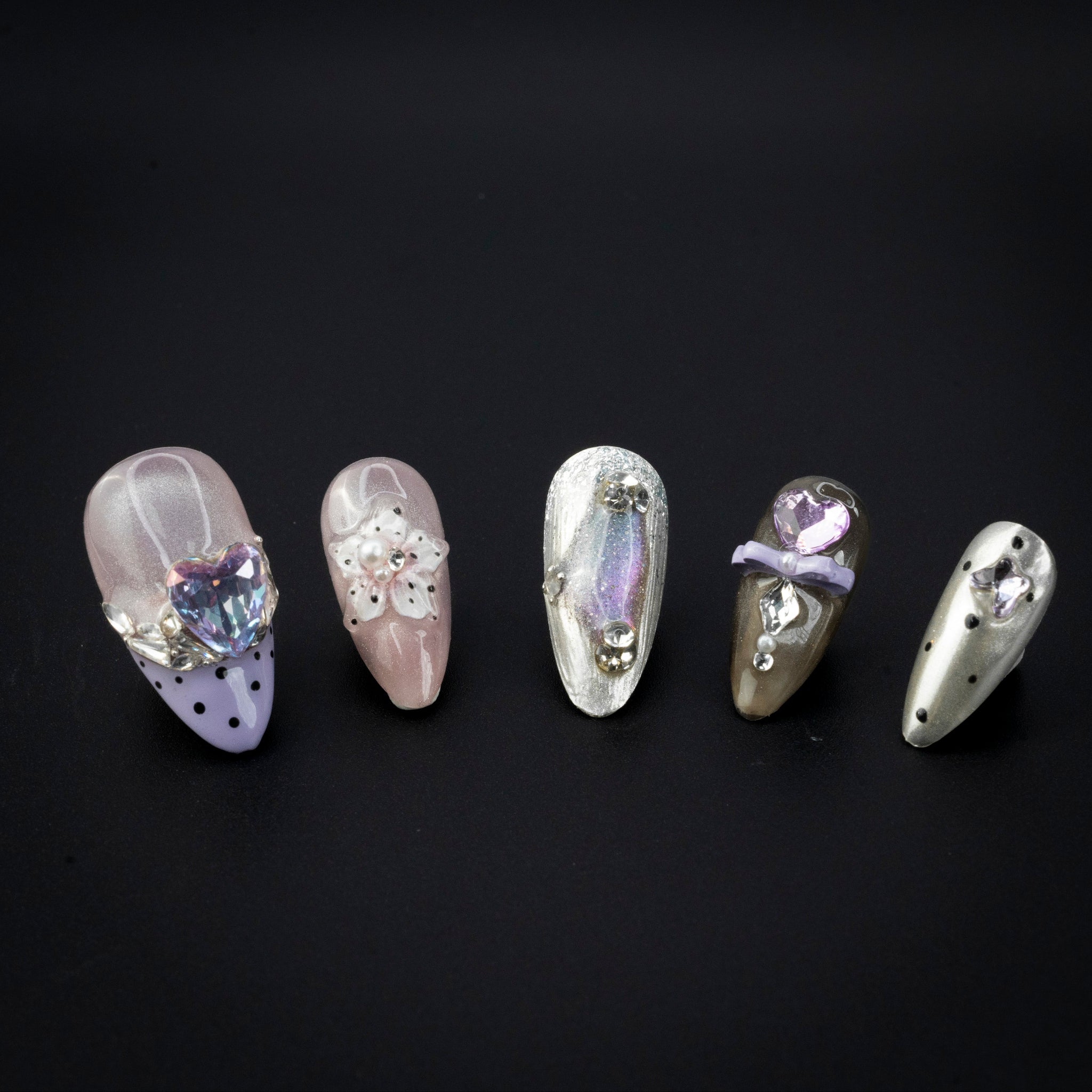 "Galactic Whimsy" Cute Purple Heart Jewel Press-On Nails - Almond Nails