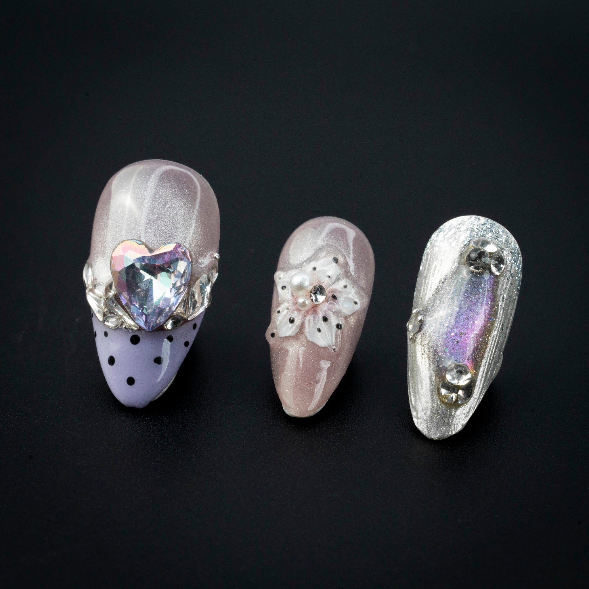 "Galactic Whimsy" Cute Purple Heart Jewel Press-On Nails - Almond Nails
