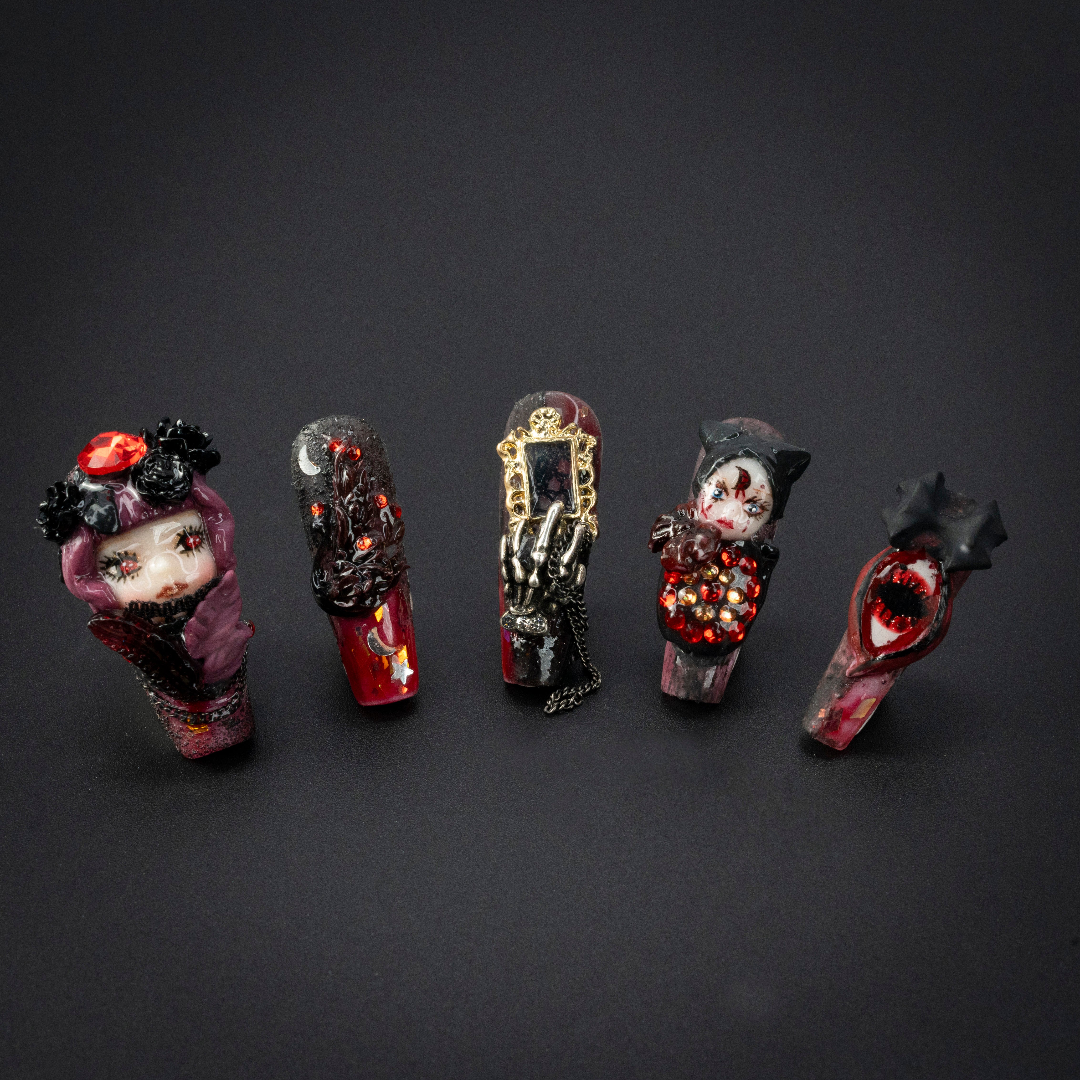 "Goth Theater" Gothic Halloween Doll Rhinestone Press-On Nails - Coffin Nails