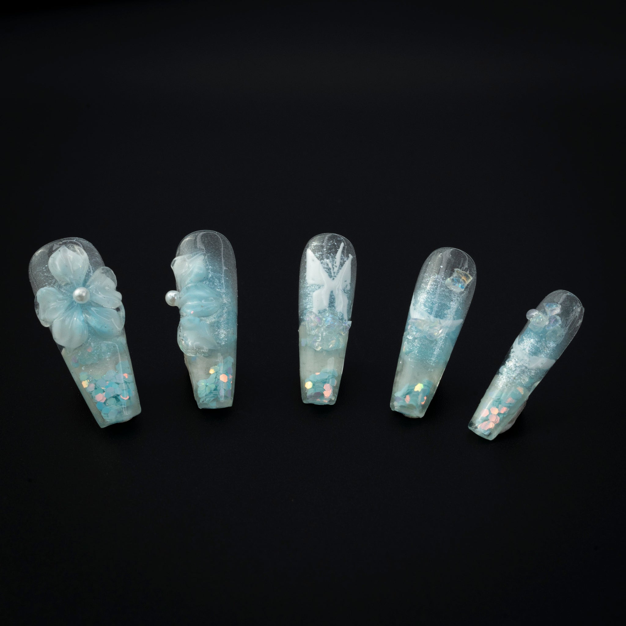 "Iced Illusion" Pastel Blue 3D Floral Butterfly Press-On Nails - Coffin Nails