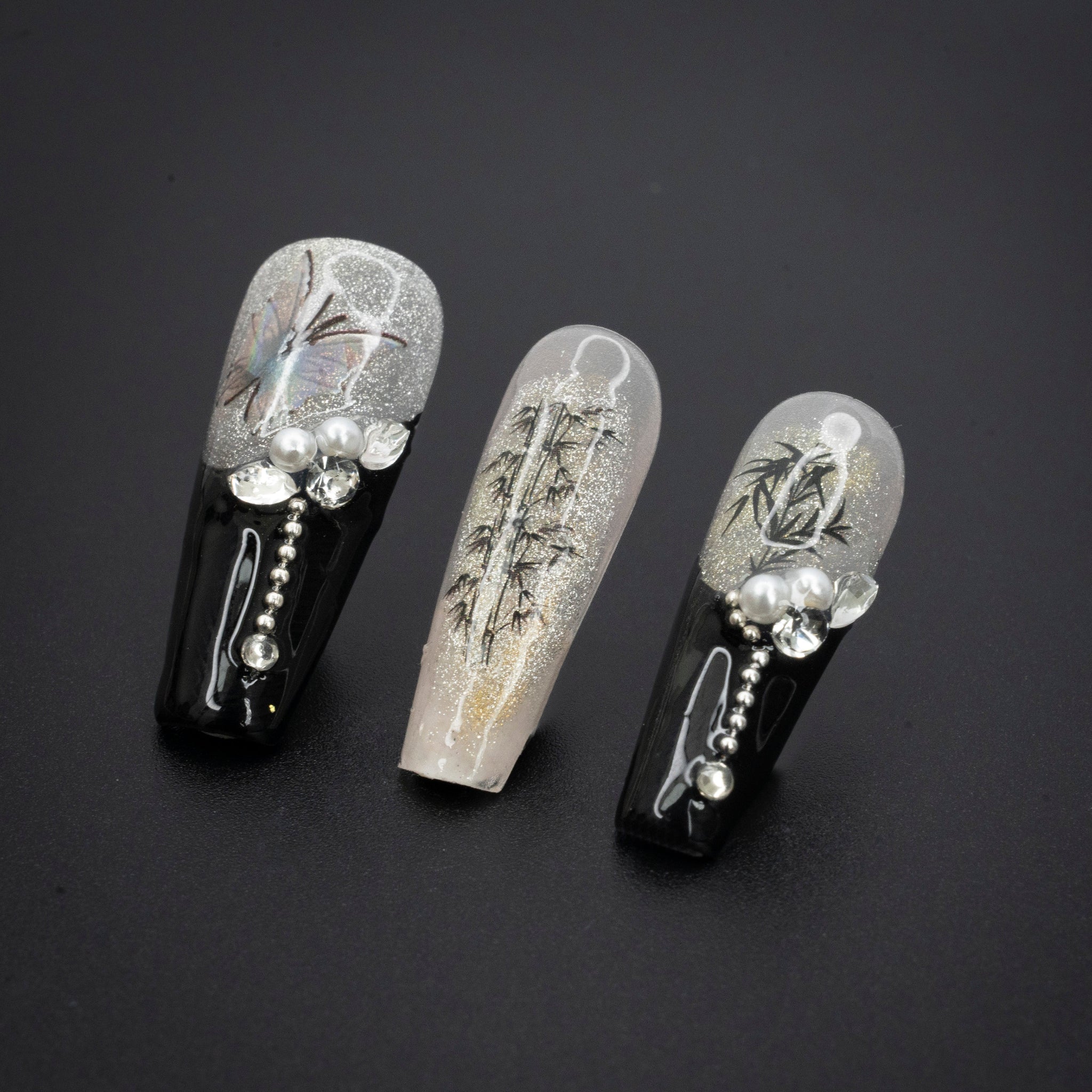 "Ink Bamboo" Luxury Pearl Oriental Bamboo Butterfly Press-On Nails - Coffin Nails