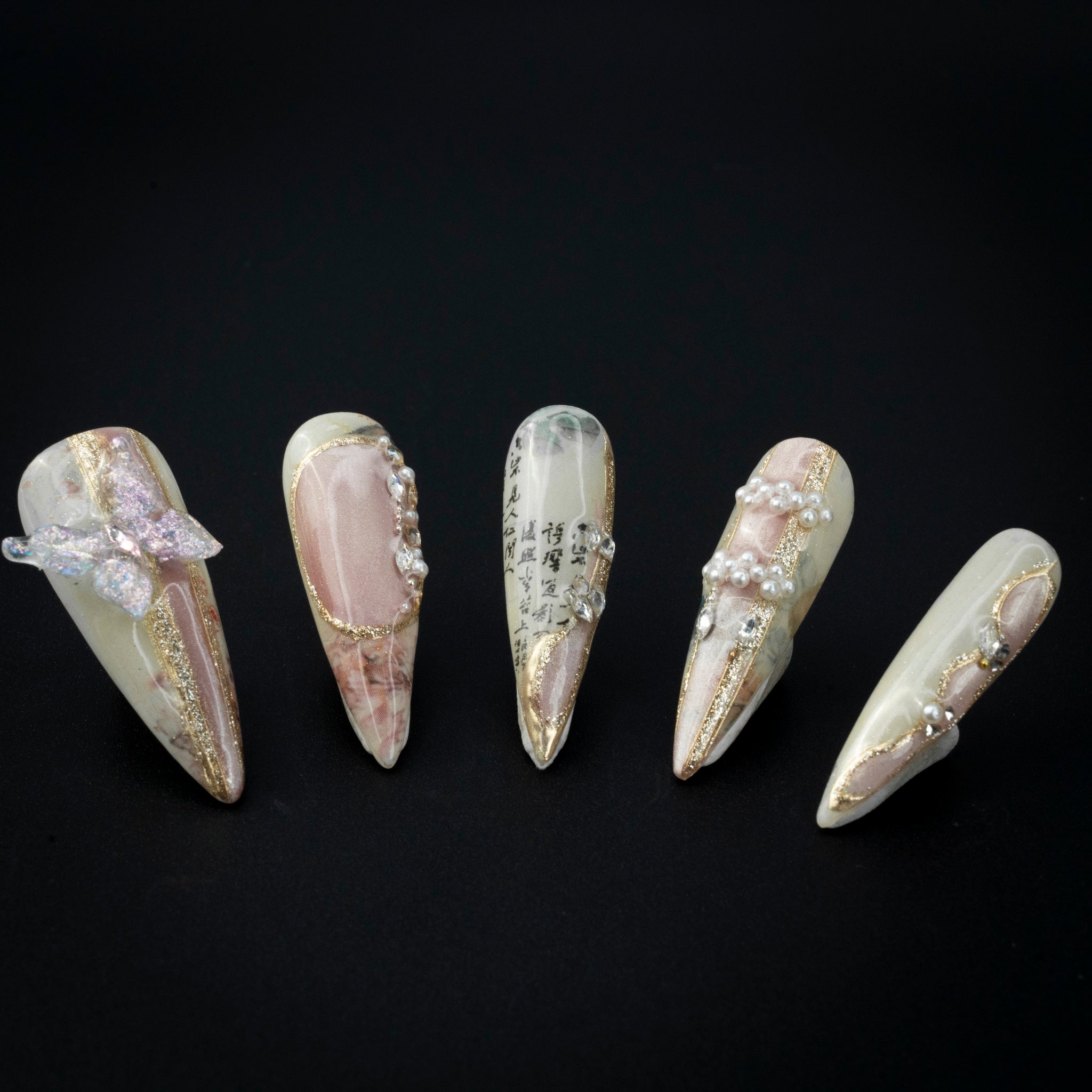 "Inkwell's Bloom" Graceful Oriental 3D Butterfly Press-On Nails - Stiletto Nails