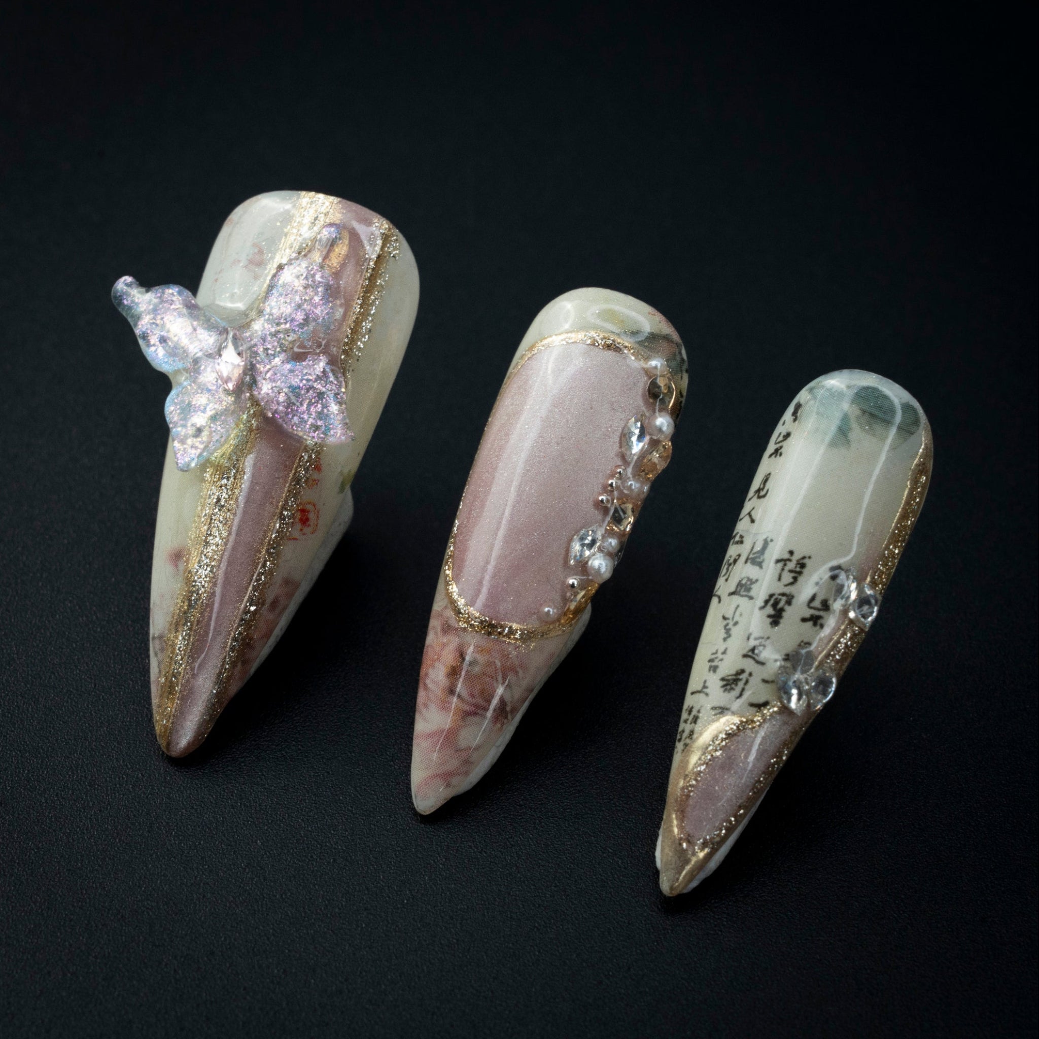 "Inkwell's Bloom" Graceful Oriental 3D Butterfly Press-On Nails - Stiletto Nails