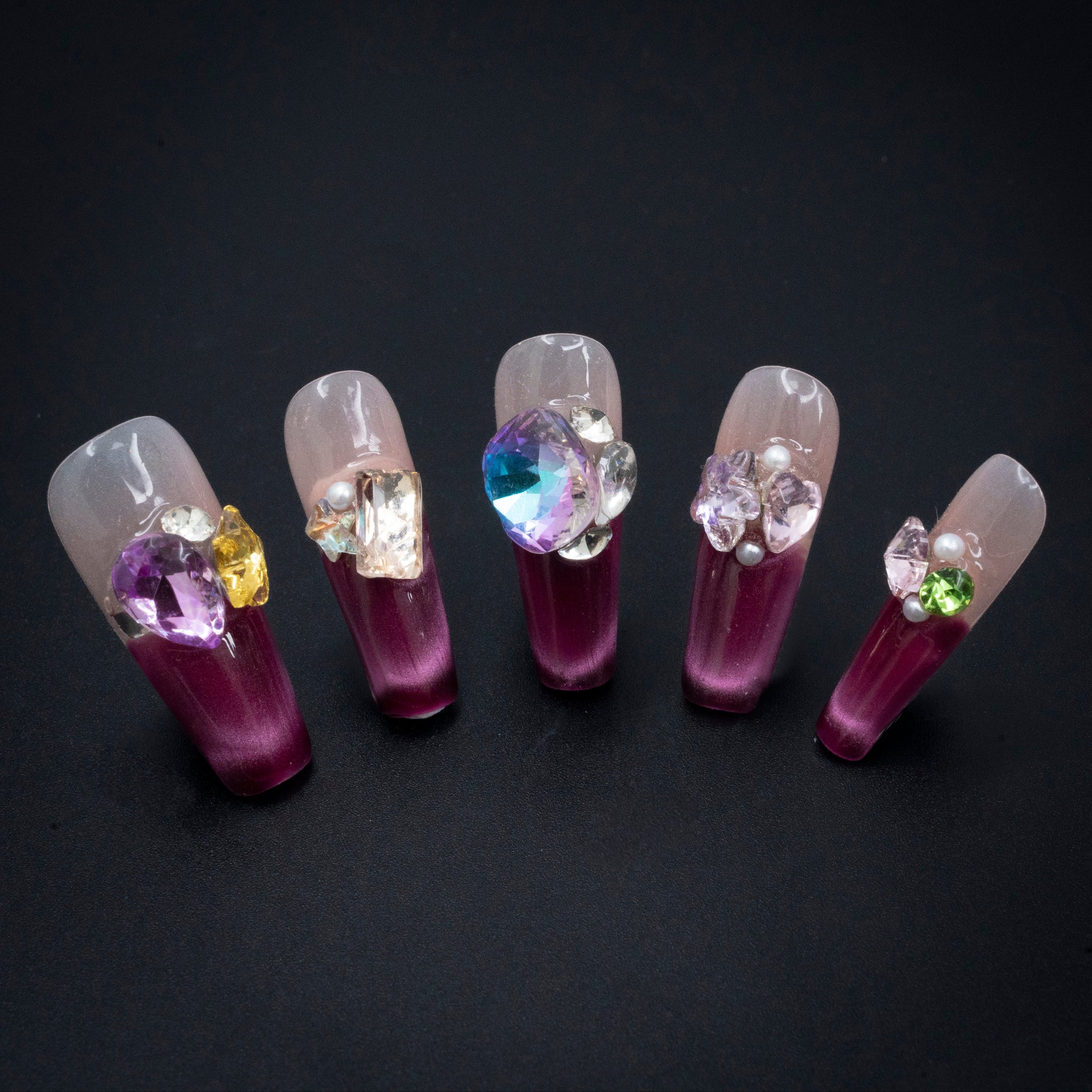 "Kaleidoscope Dream" Luxury Multi-Gem Purple Ombre Press-On Nails - Coffin Nails