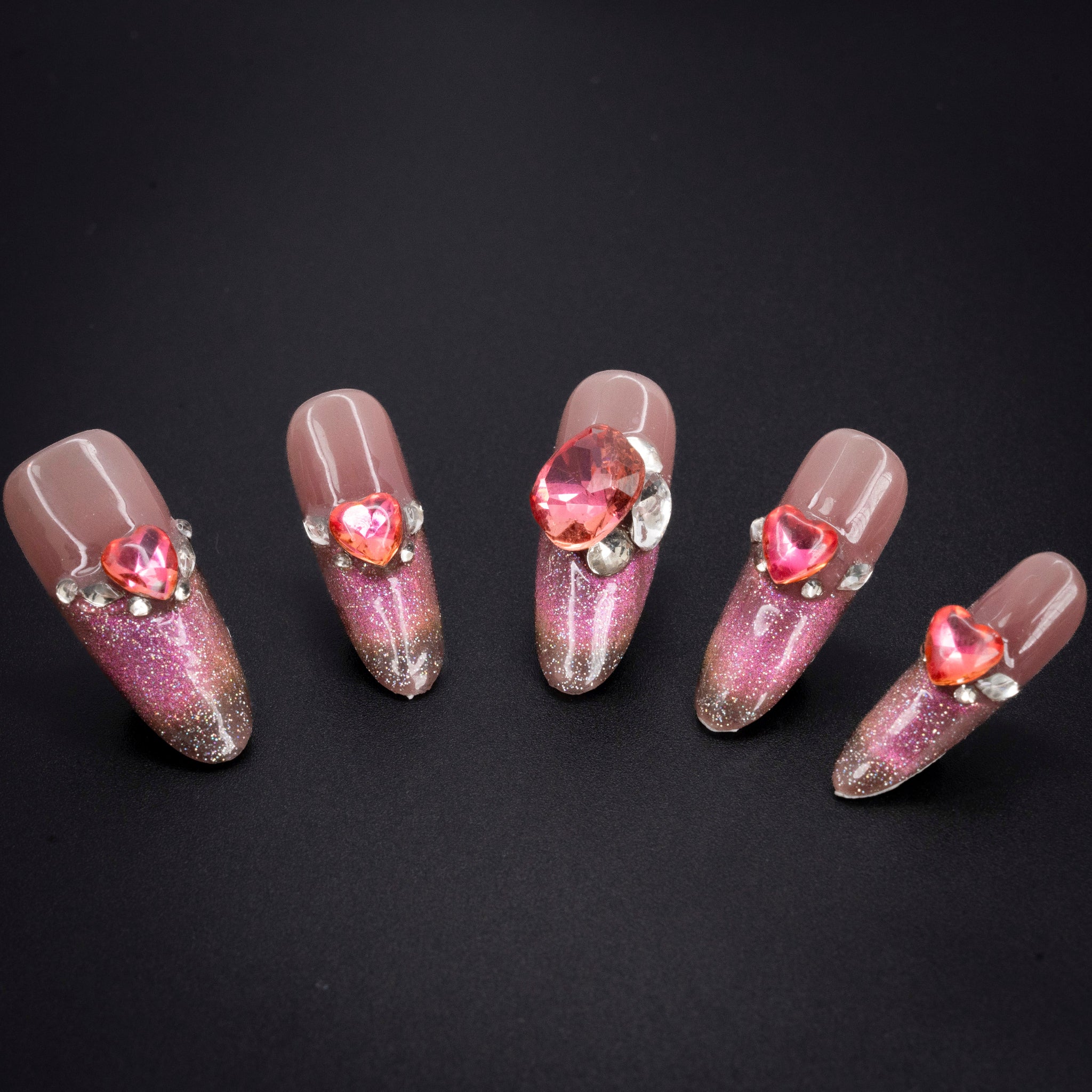 "Lavender Sonata“ Luxury Glitter Heart Gem Press-On Nails - Almond Nails