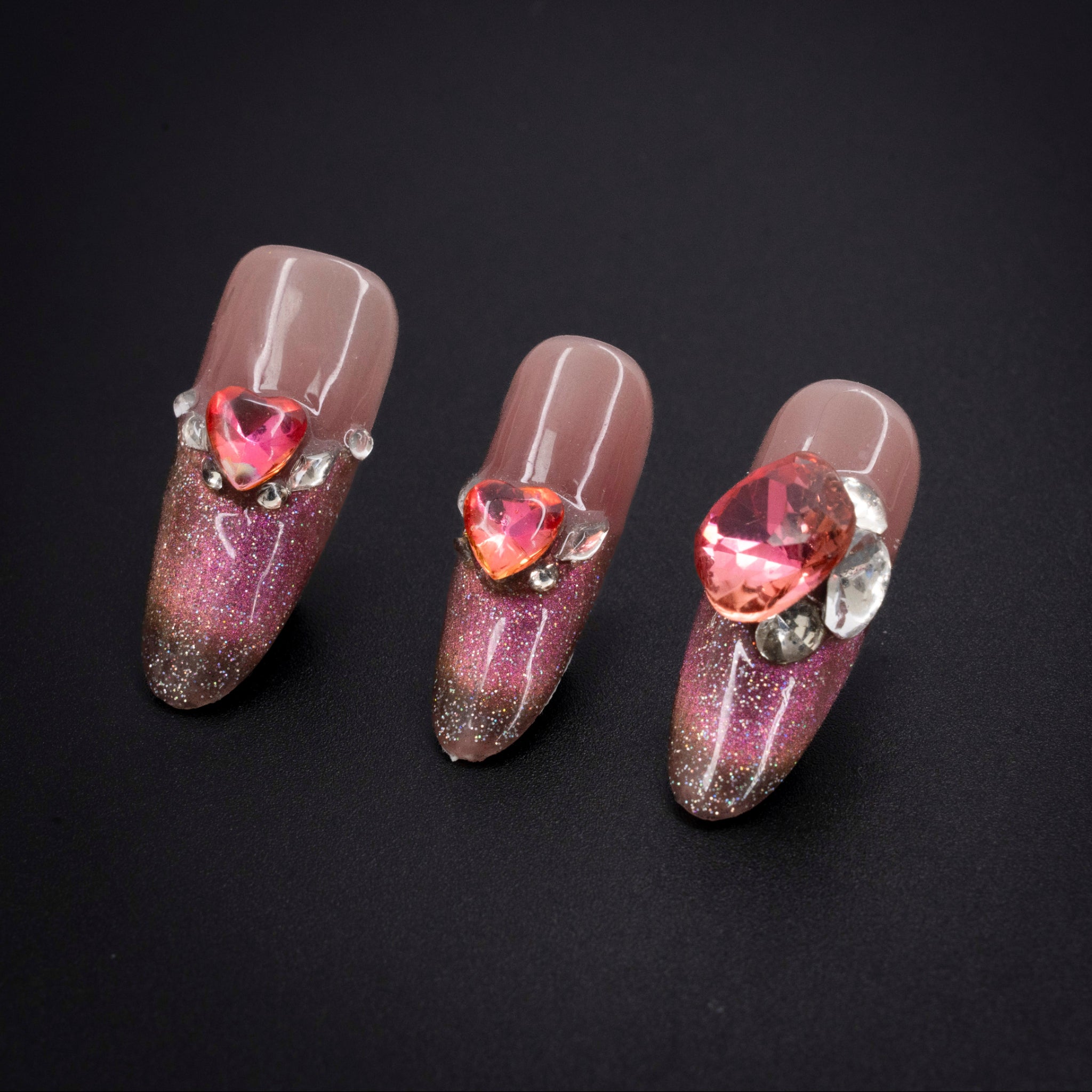 "Lavender Sonata“ Luxury Glitter Heart Gem Press-On Nails - Almond Nails