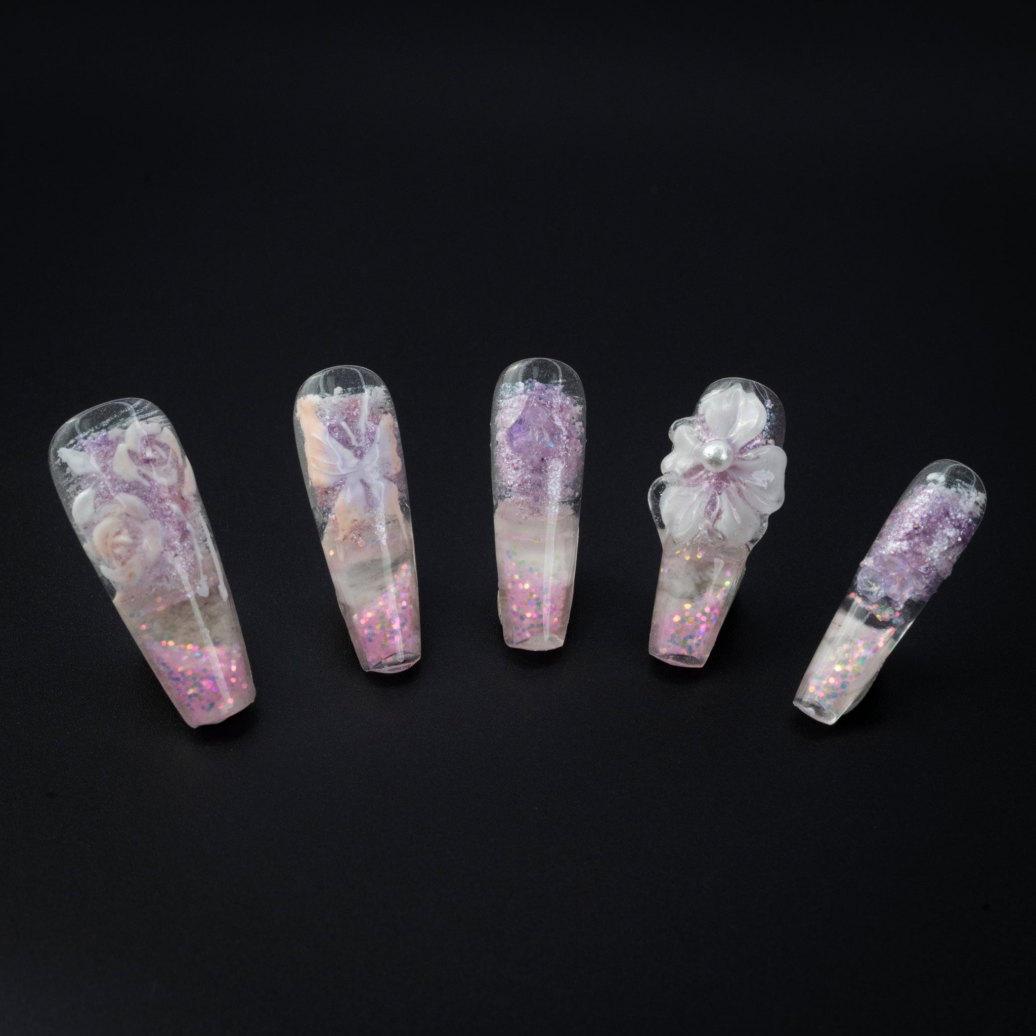 "Luminous Butterfly" Romantic Purple Glitter 3D Floral Press-On Nails - Coffin Nails