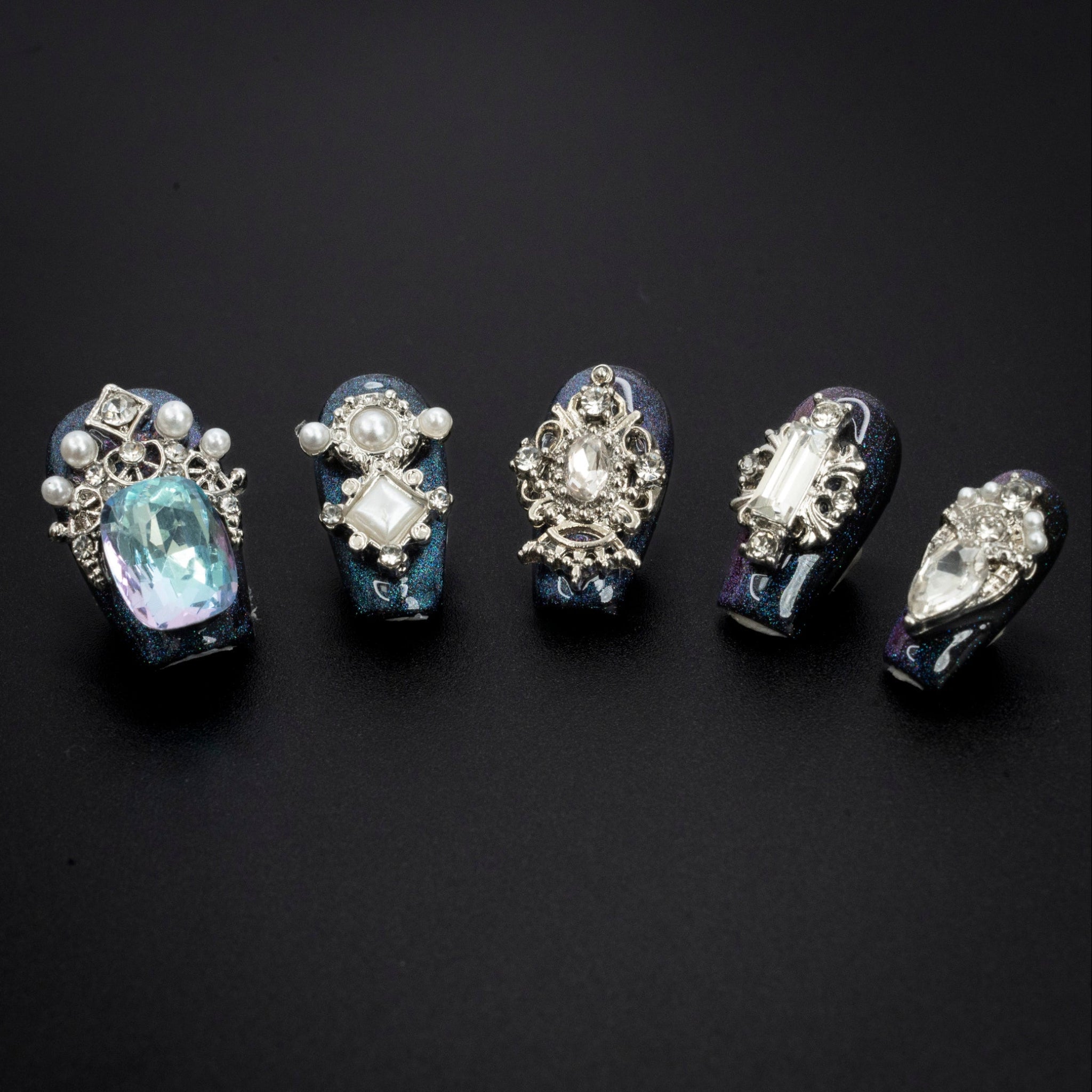 "Midnight Sapphire" Luxury Dark Blue Crystal Pearl Press-On Nails - Coffin Nails