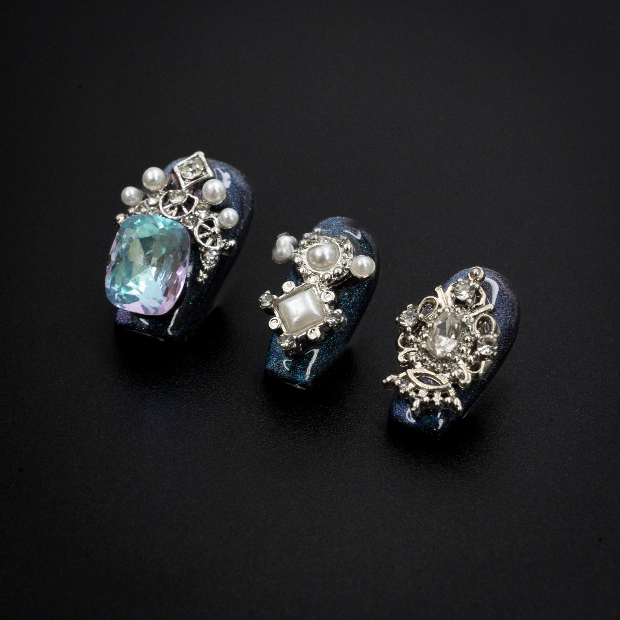 "Midnight Sapphire" Luxury Dark Blue Crystal Pearl Press-On Nails - Coffin Nails