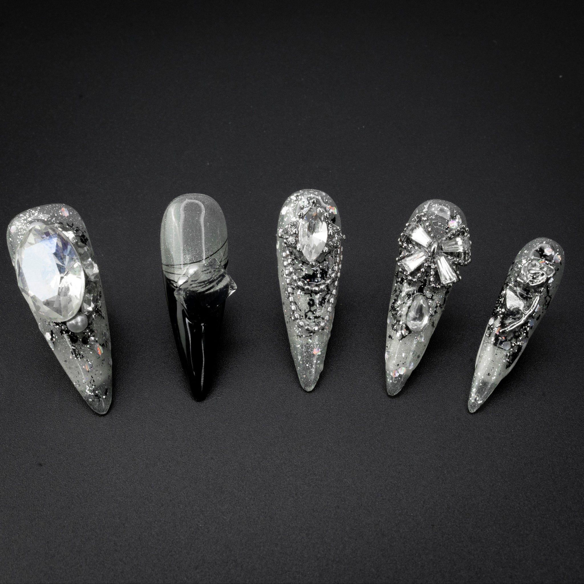 "Midnight Sheen" Silver Crystal 3D Luxury Evening Press-On Nails - Stiletto Nails