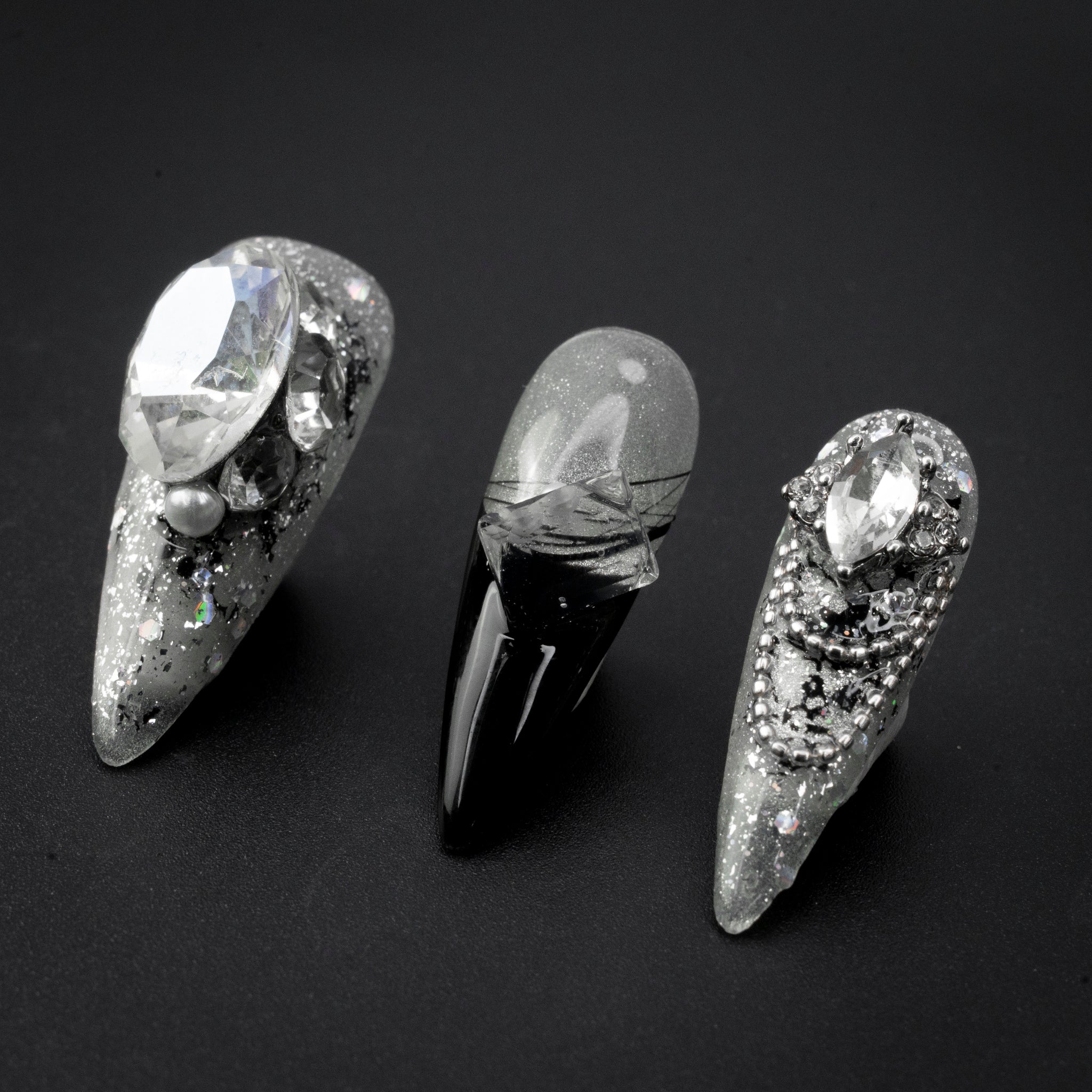 "Midnight Sheen" Silver Crystal 3D Luxury Evening Press-On Nails - Stiletto Nails
