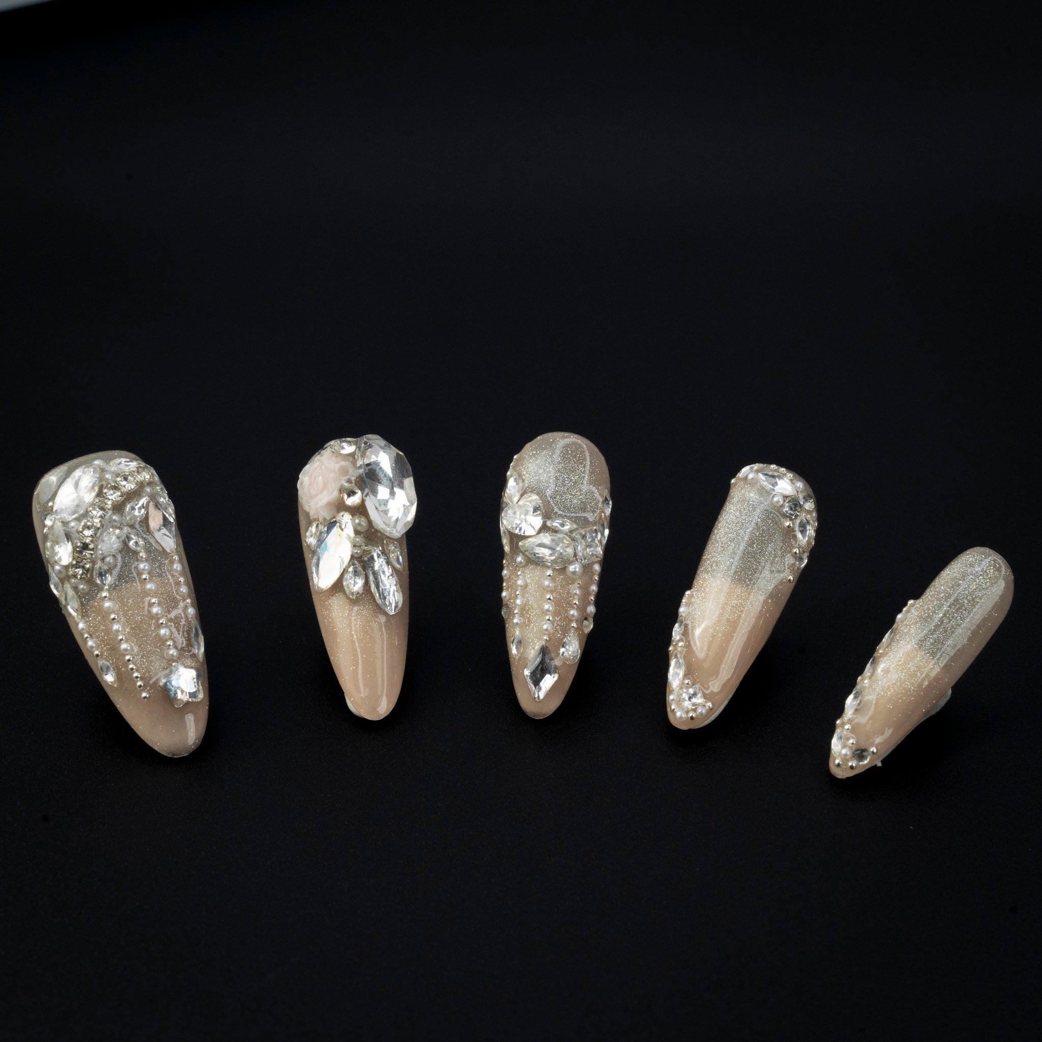 "Nude Glamour" Beige Glitter Rhinestone Elegant Press-On Nails - Almond Nails