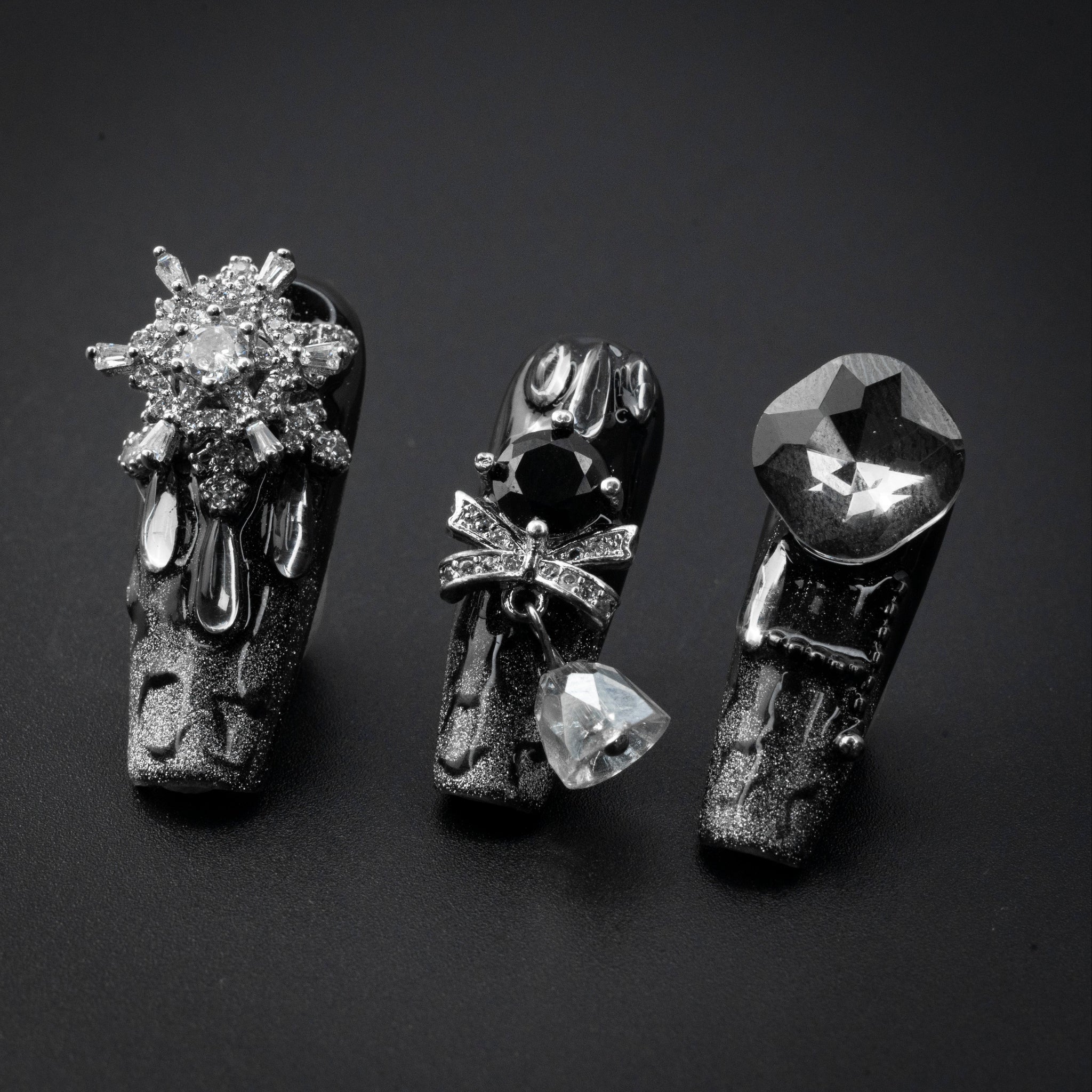 "Riot Rock" Gothic Punk Black Rhinestone Press-On Nails - Coffin Nails