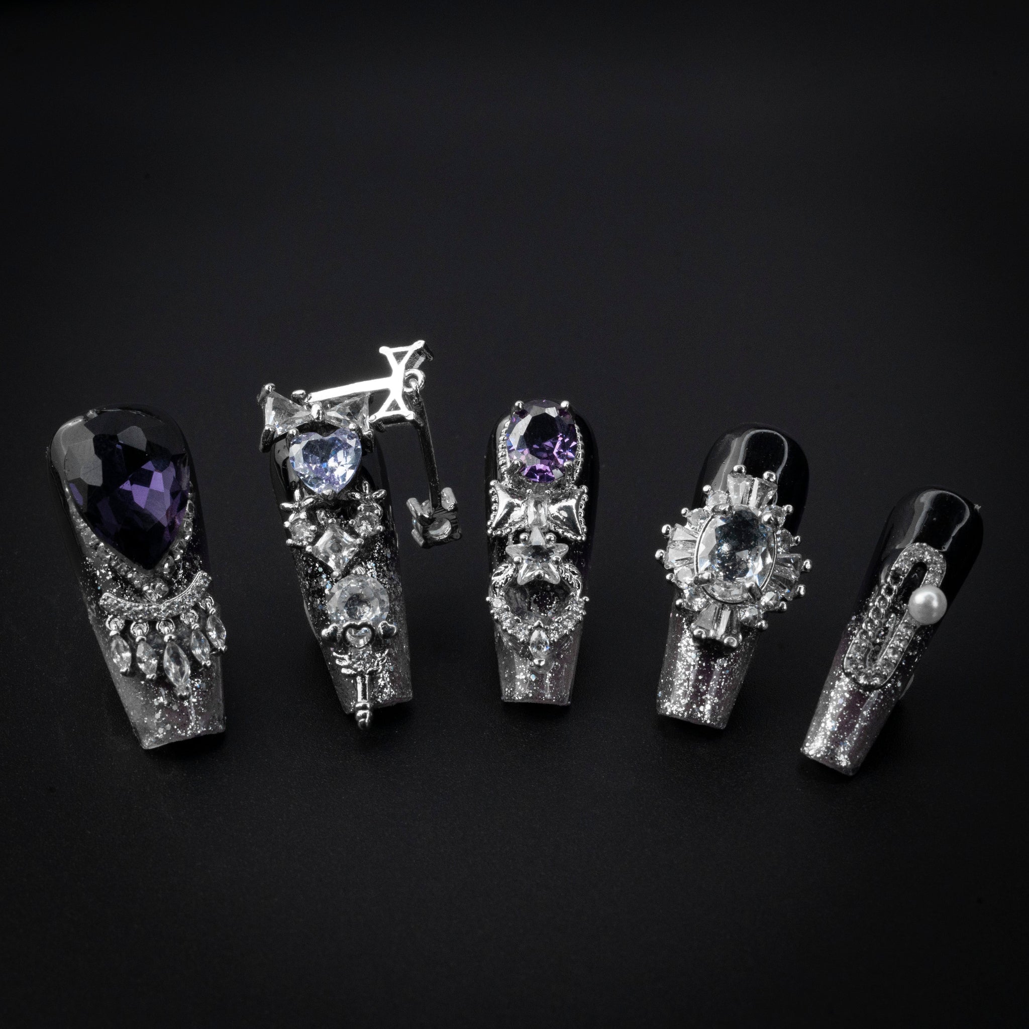 "Royal Amethyst" Silver Purple Jewel Gothic Press-On Nails - Coffin Nails