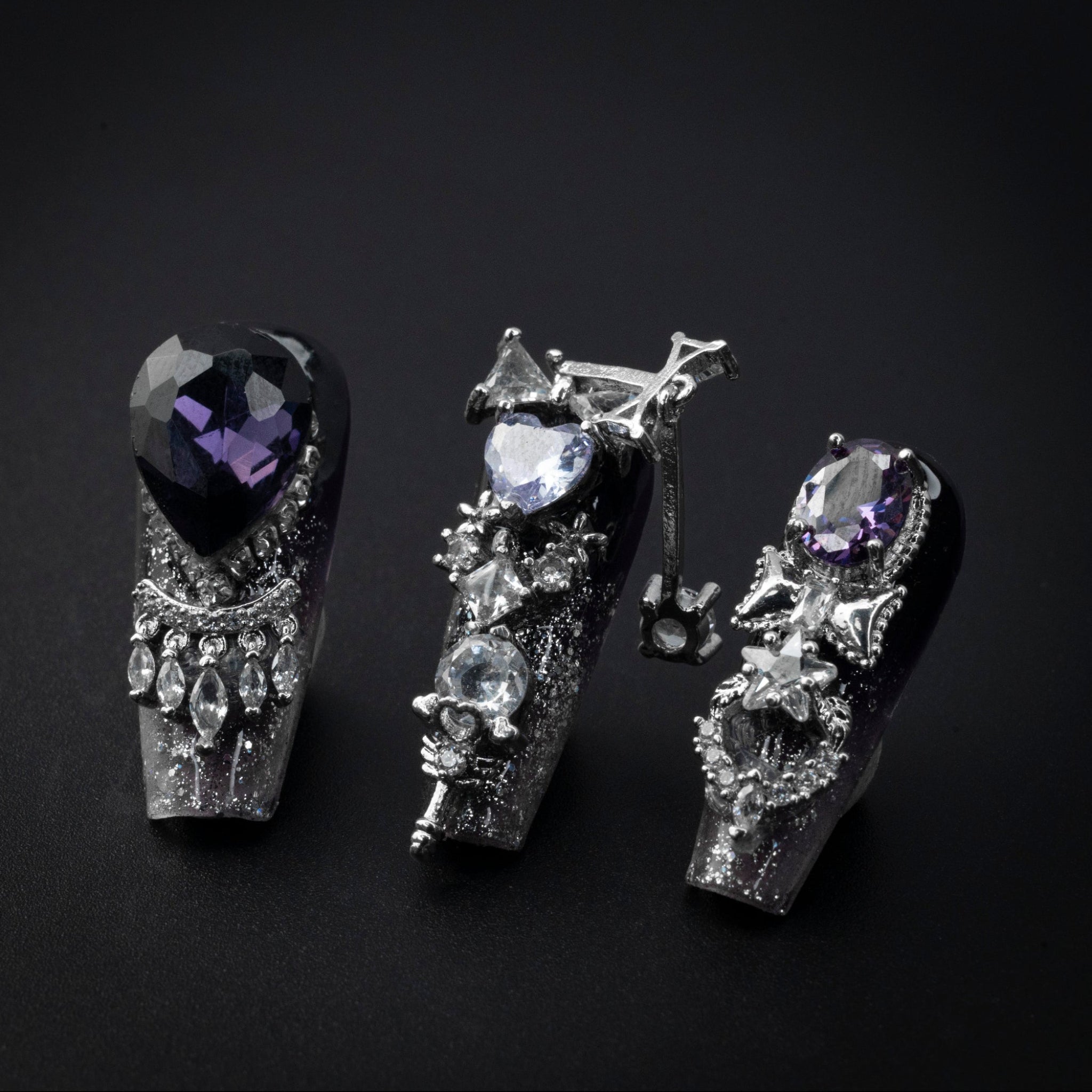 "Royal Amethyst" Silver Purple Jewel Gothic Press-On Nails - Coffin Nails
