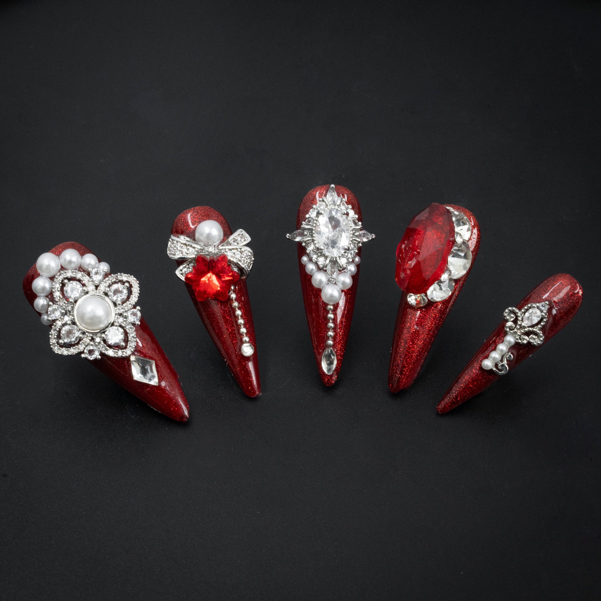 "Ruby Coronation" Red Luxury Jeweled Press-On Nails - Stiletto Nails