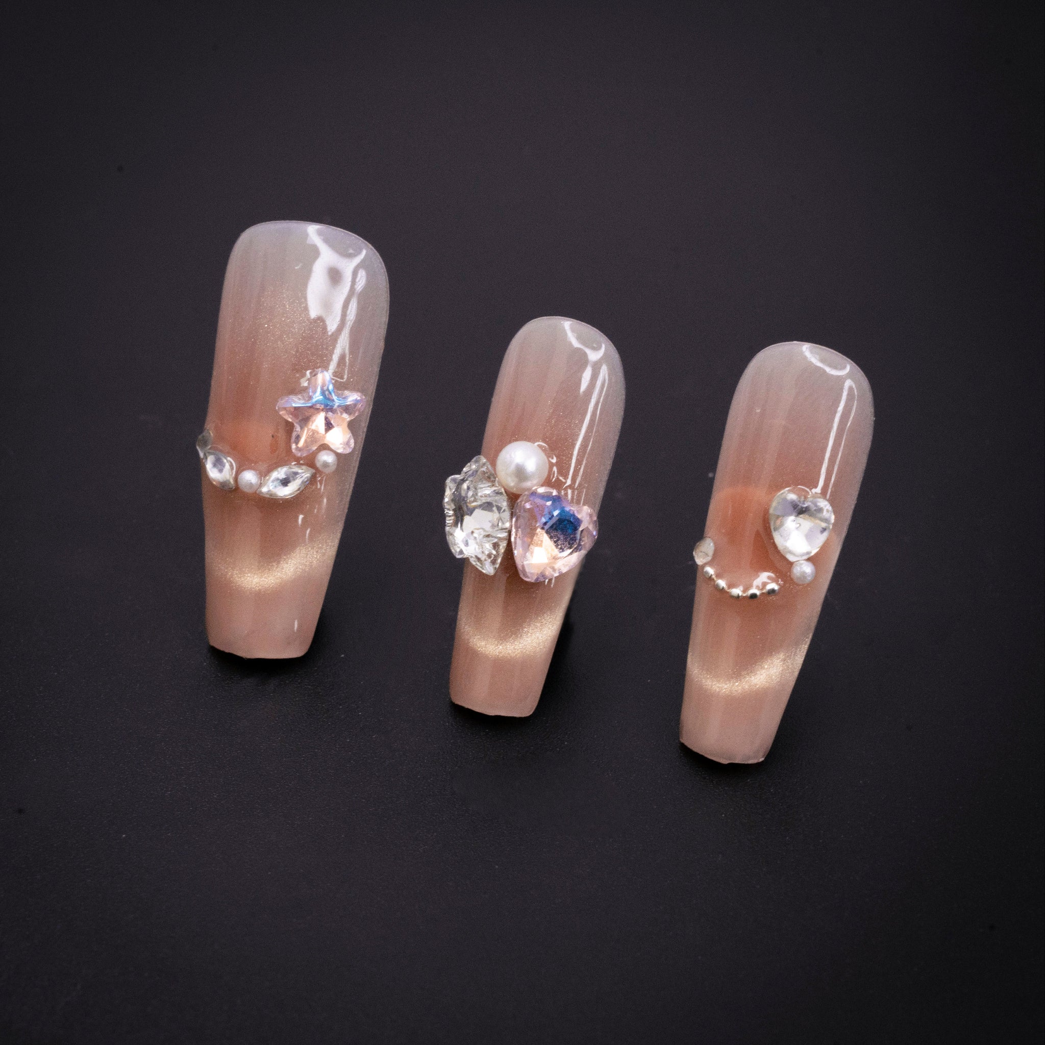 "Tawny Crystal" Luxury Gem Star Pearl Nude Press-On Nails - Coffin Nails