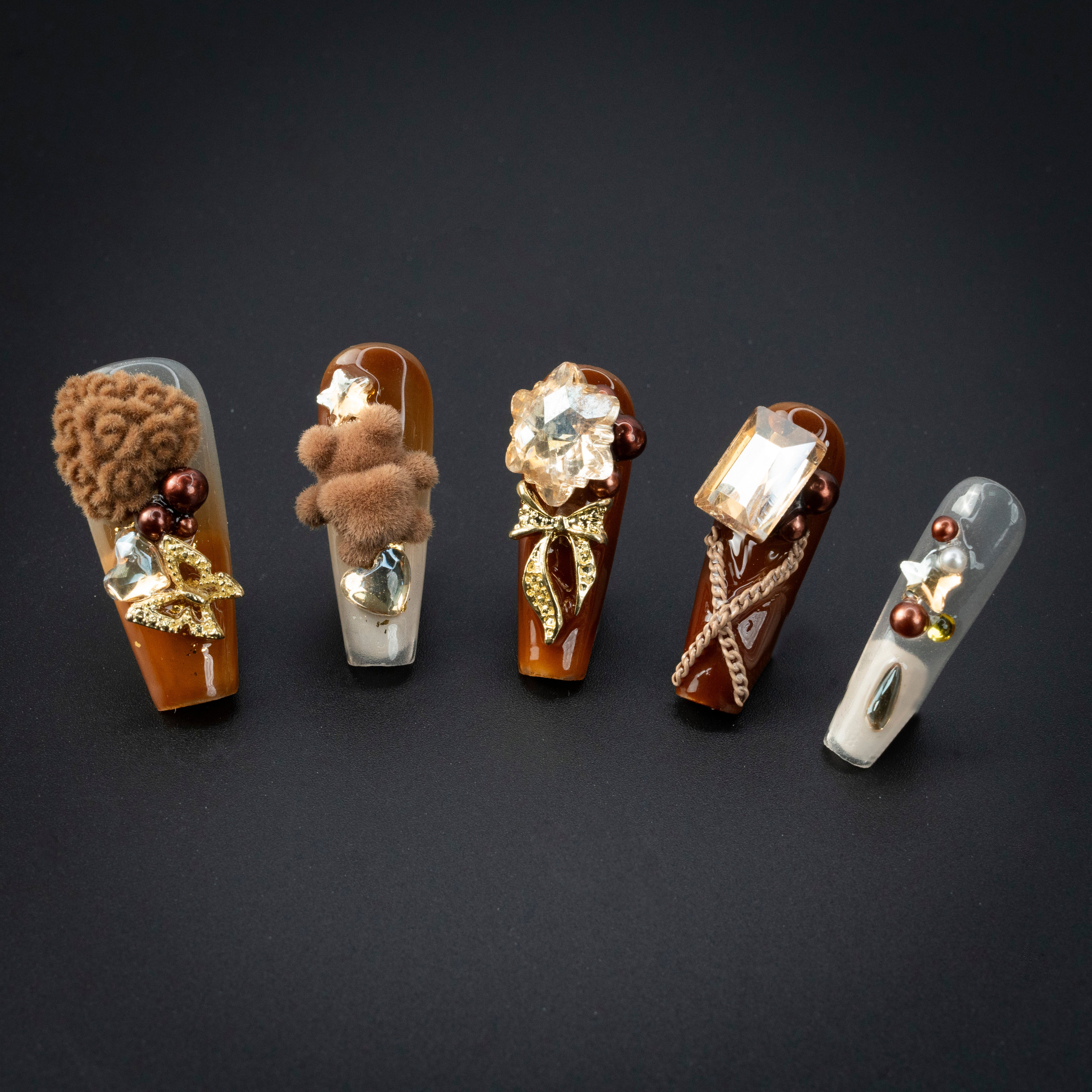 "Teddy Cuddle" Brown Plush Rhinestone Autumn Press-On Nails - Coffin Nails