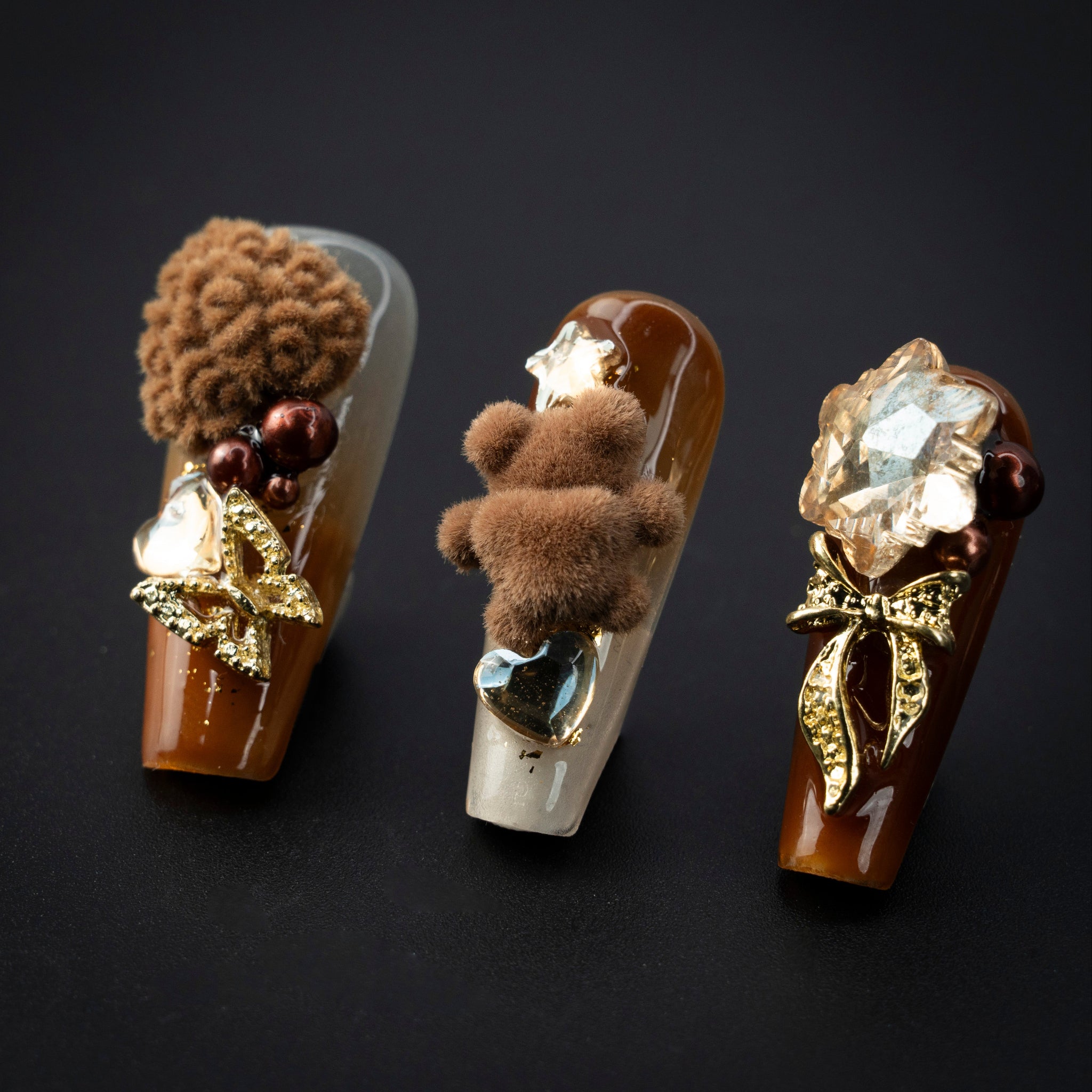 "Teddy Cuddle" Brown Plush Rhinestone Autumn Press-On Nails - Coffin Nails
