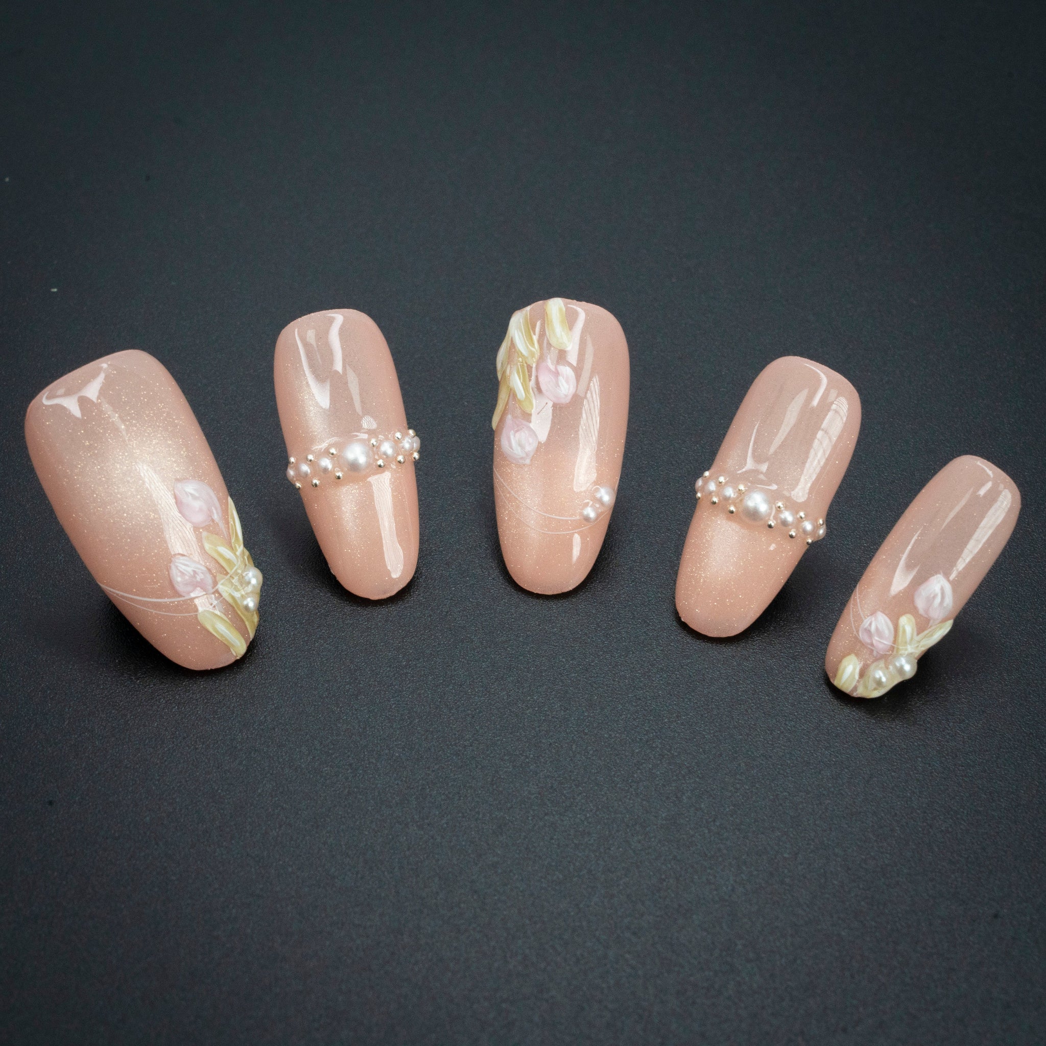 "Tulip Pearl" Nude Floral Pearl Press-On Nails - Rounded Nails