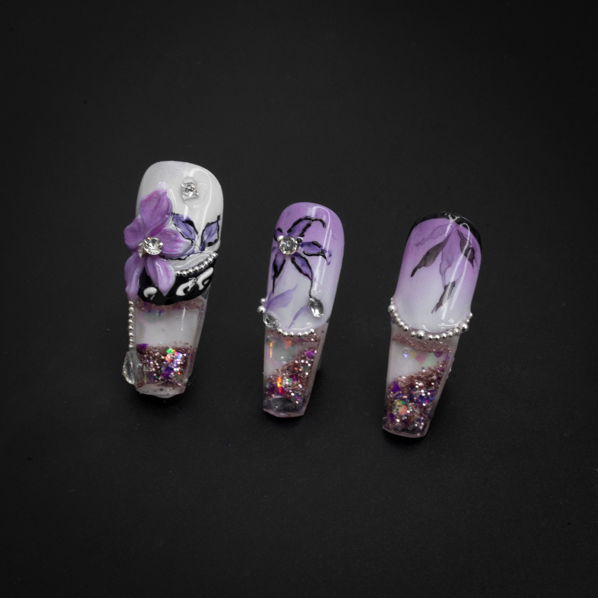 "Dewdrop Blooms" Luxury 3D Flower Gem Purple Press-On Nails - Coffin Nails