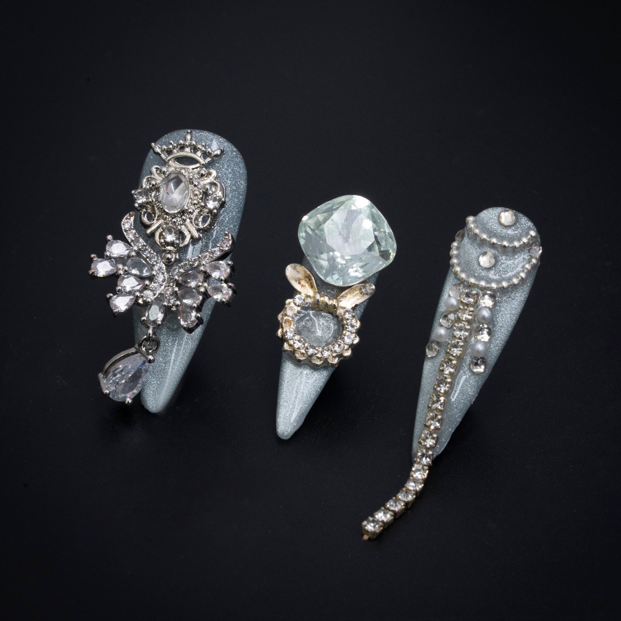 "Winter Light" Sage Green Jeweled Press-On Nails - Stiletto Nails