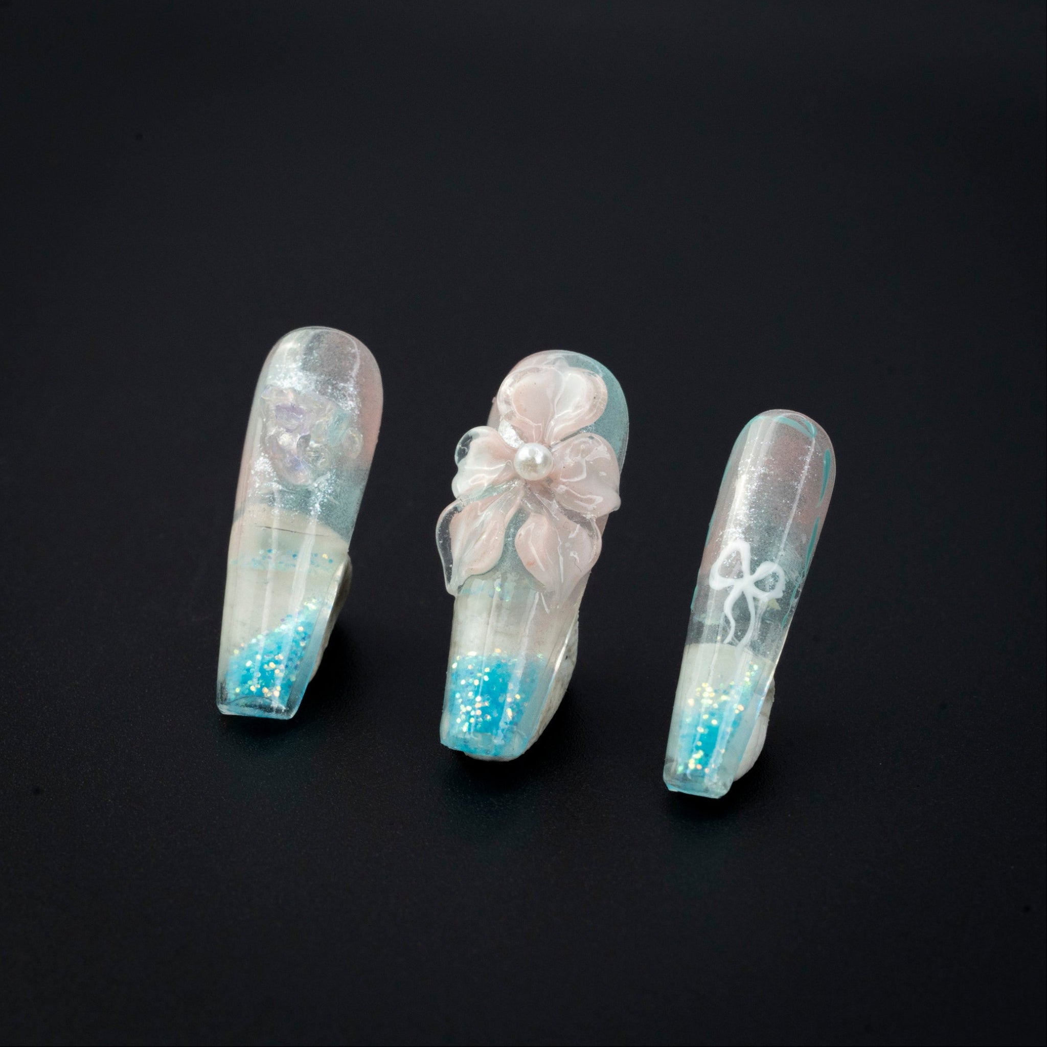 "Butterfly Dream" Blue Glitter 3D Butterfly Floral Press-On Nails - Coffin Nails