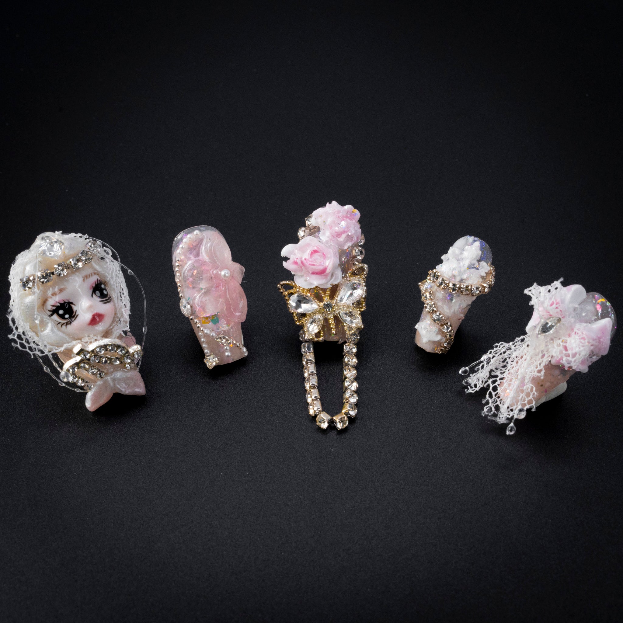 "Butterfly Princess" Pink Luxury 3D Doll Floral Press-On Nails - Coffin Nails