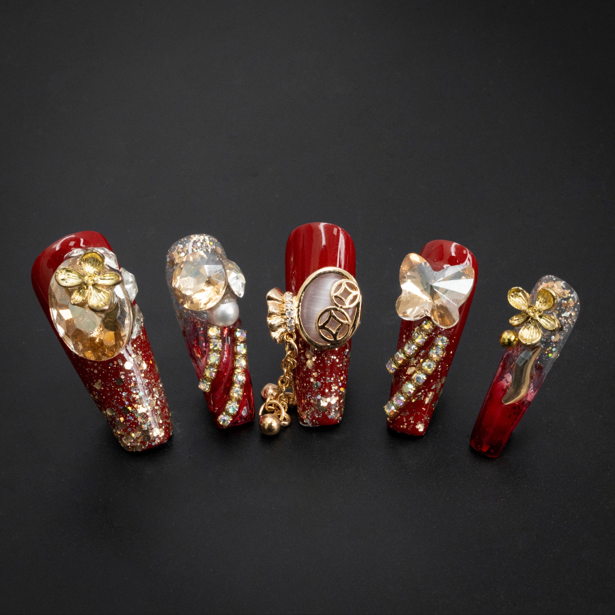 "Crimson Sonata" Luxury Red Gold Jeweled Press-On Nails - Coffin Nails