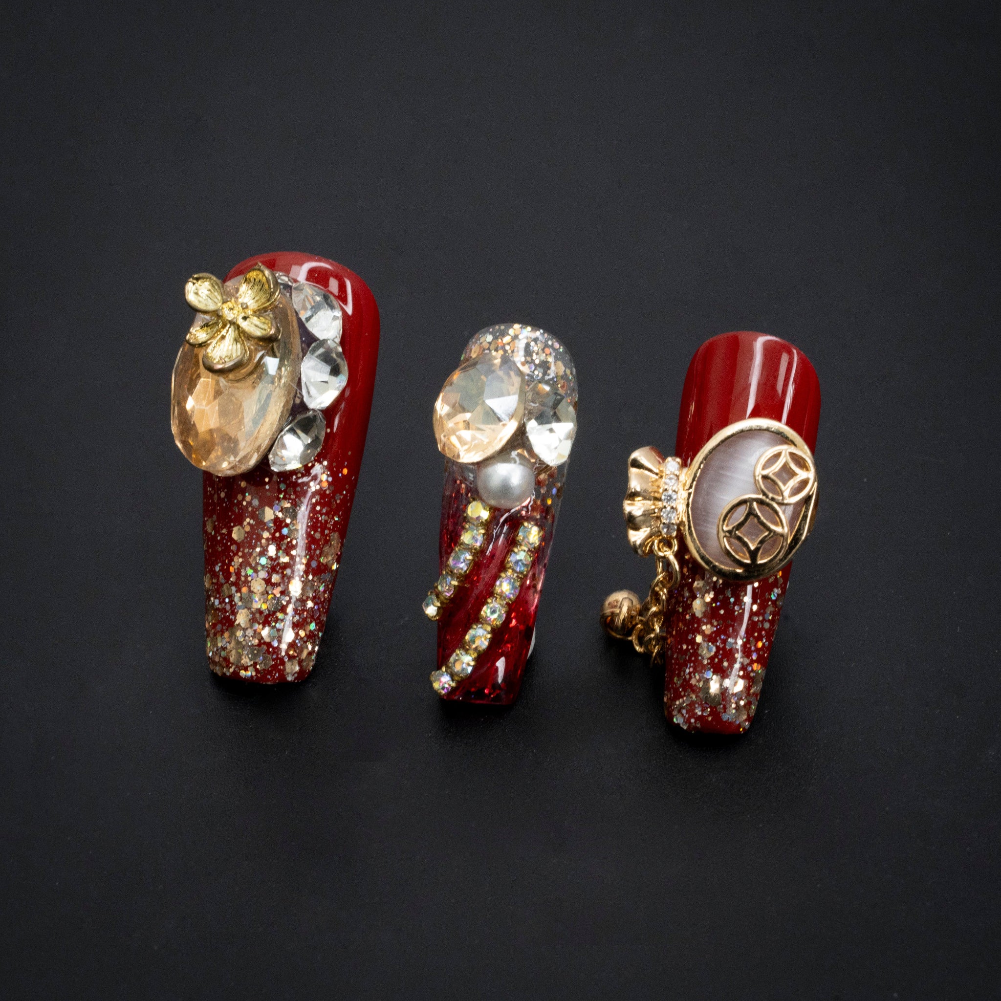 "Crimson Sonata" Luxury Red Gold Jeweled Press-On Nails - Coffin Nails