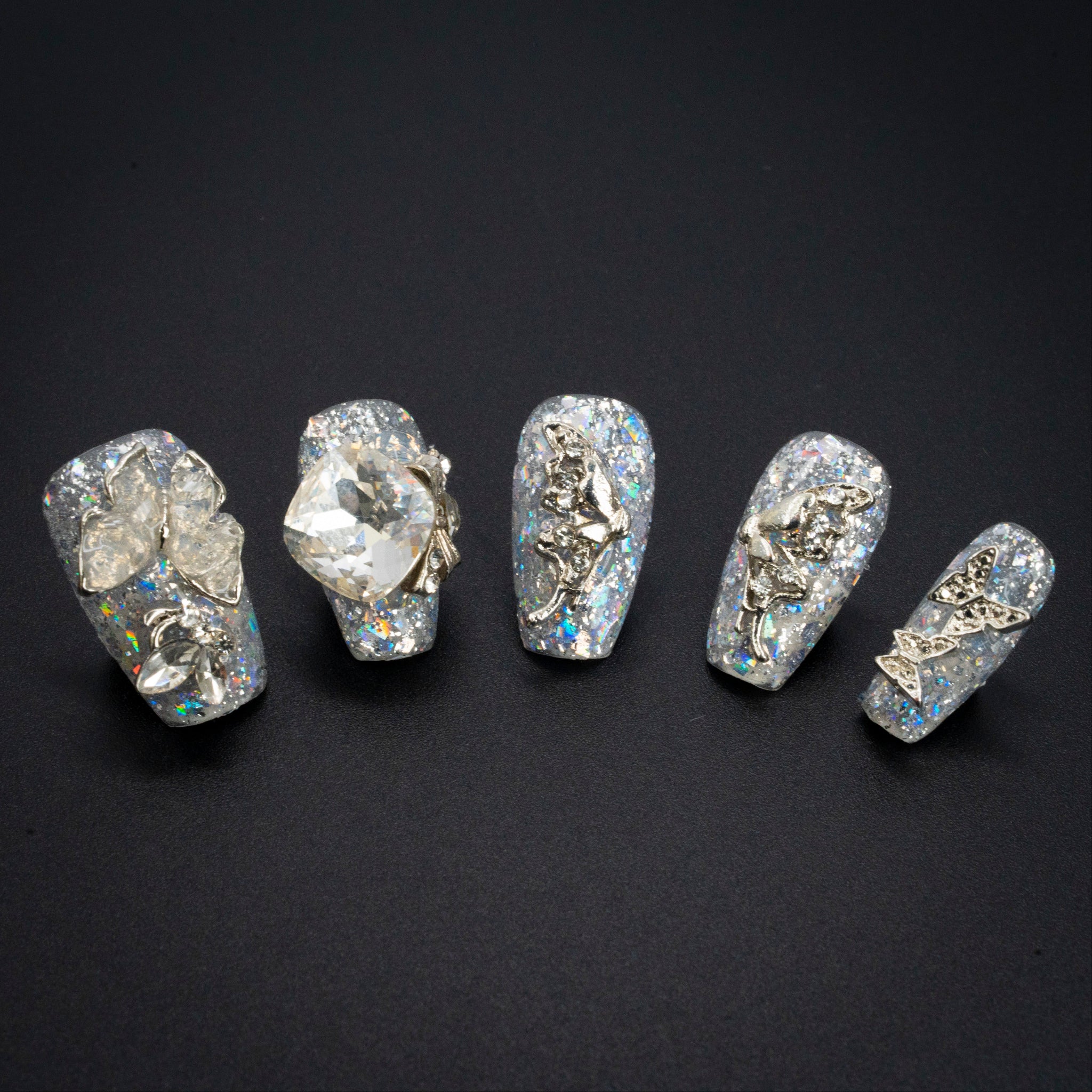 "Crystal Ballet" Silver Glitter Jeweled Press-On Nails - Coffin Nails