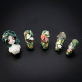 "Emerald Odyssey" Artistic Green 3D Fairy Floral Press-On Nails - Coffin Nails