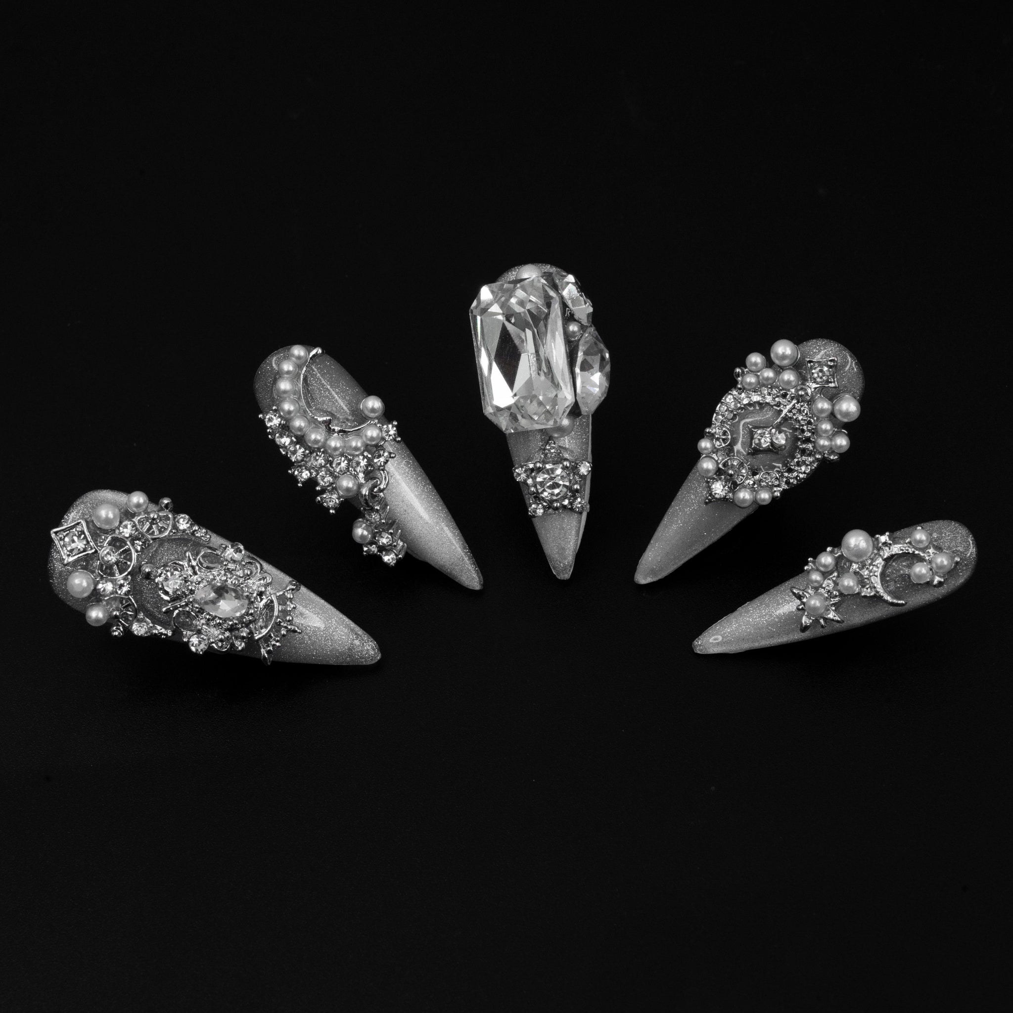 "Galactic Soiree" Luxury Pearl Silver Crystal Press-On Nails - Stiletto Nails