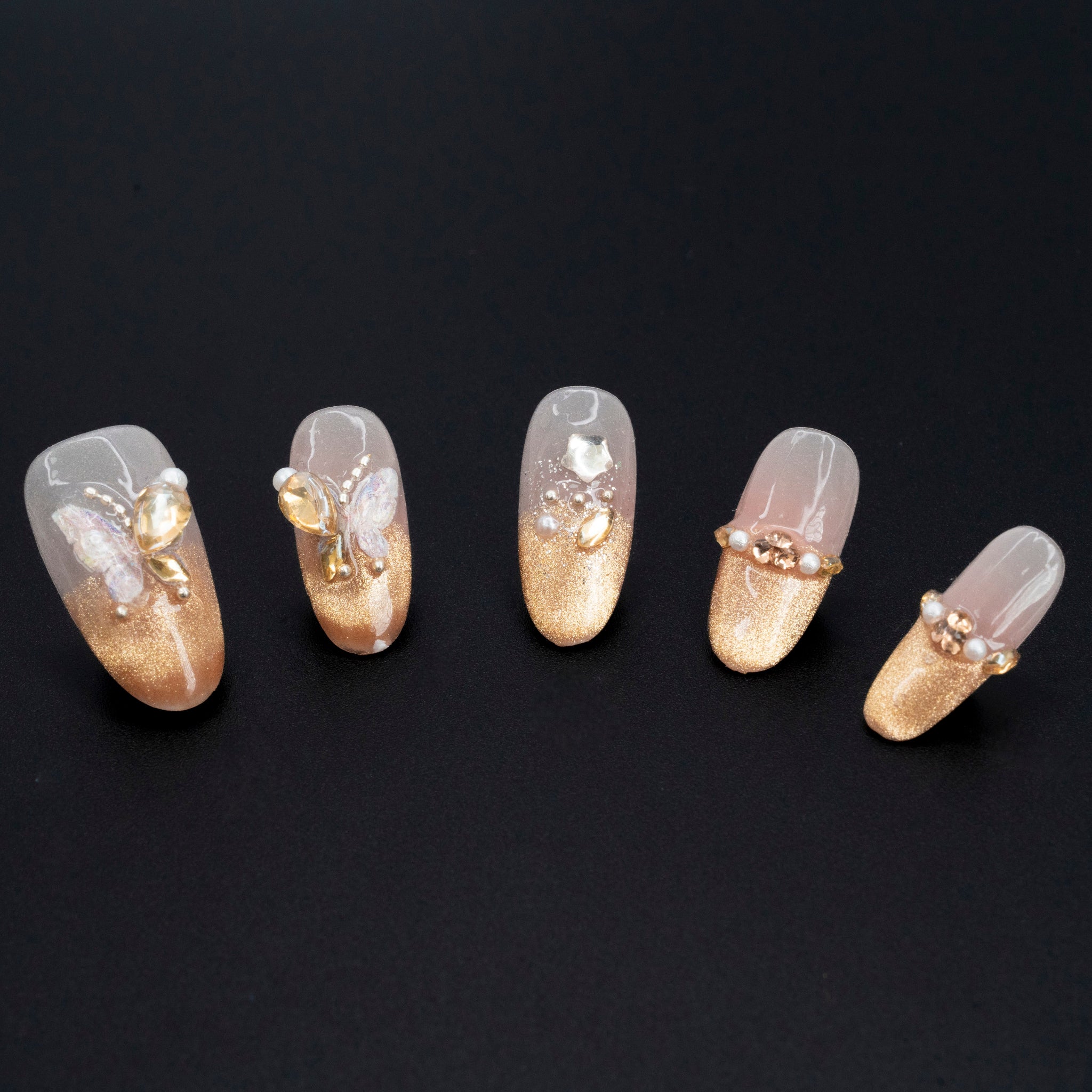 "Gilded Butterfly" Luxury Gold Butterfly Glitter Pearl Press-On Nails - Rounded Nails