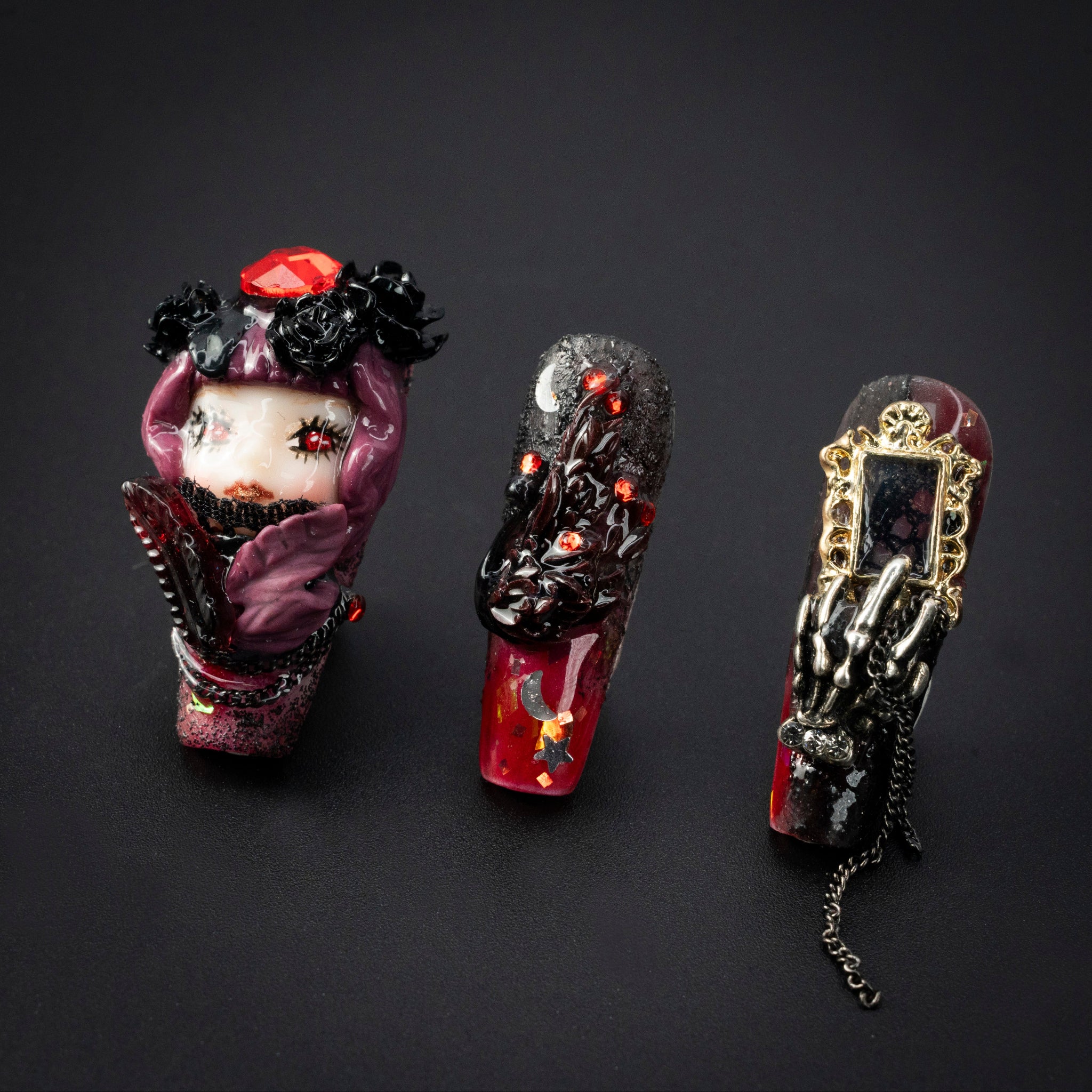 "Goth Theater" Gothic Halloween Doll Rhinestone Press-On Nails - Coffin Nails