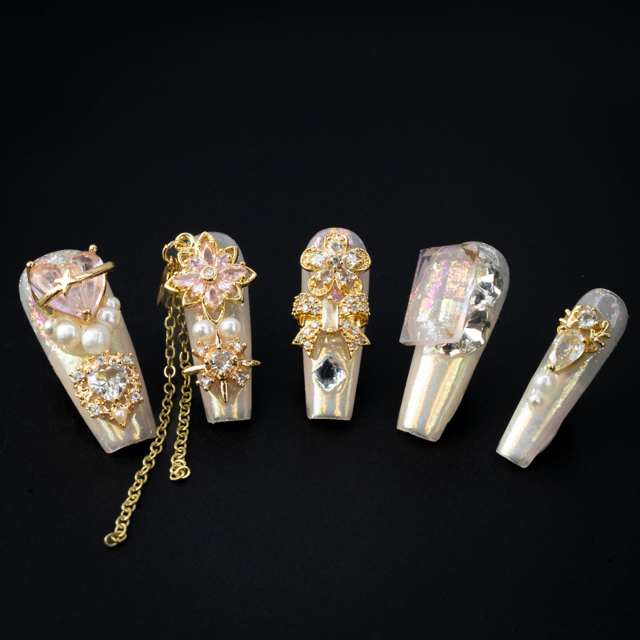 "Honeyed Hues" Fantasy Gold Rhinestone Press-On Nails - Coffin Nails