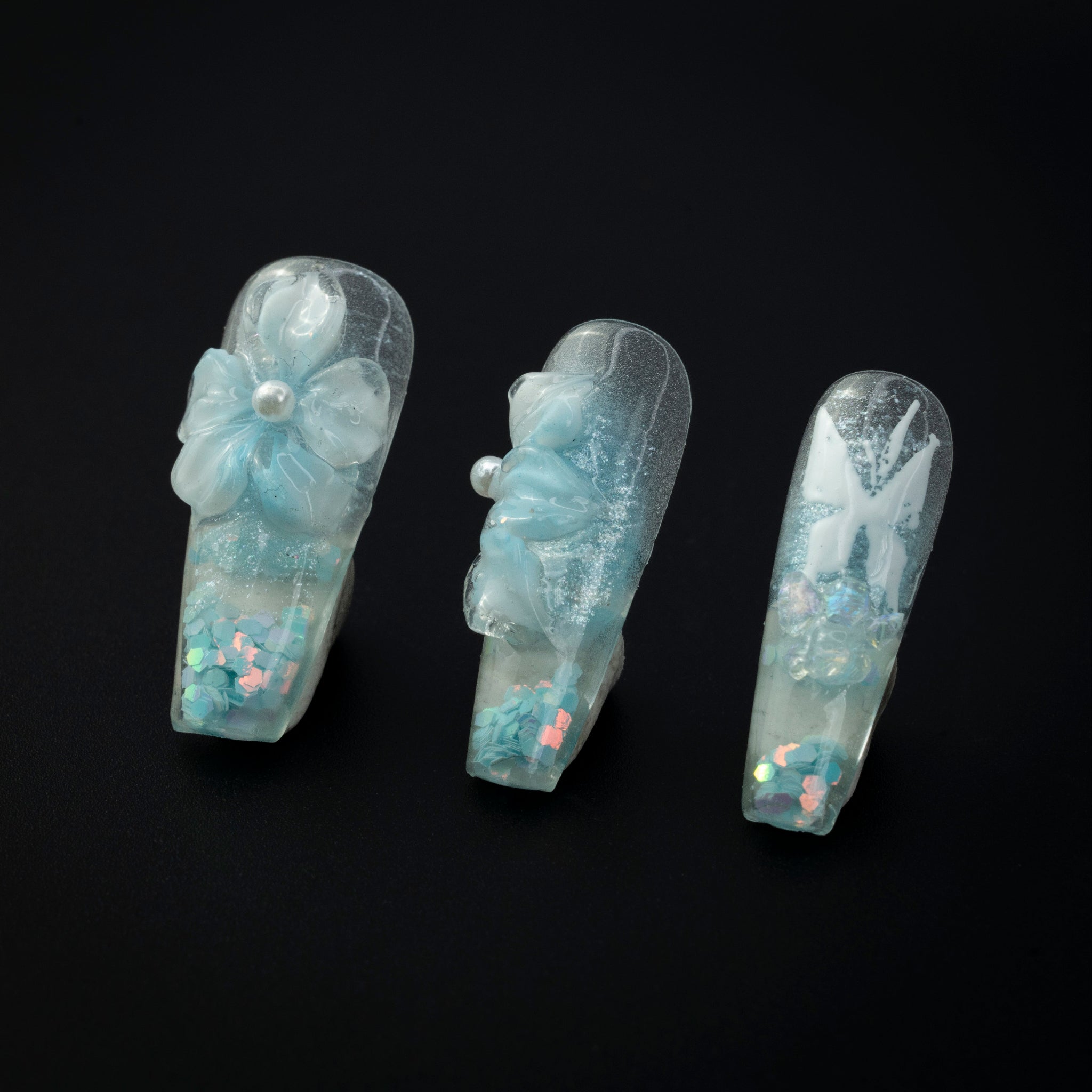 "Iced Illusion" Pastel Blue 3D Floral Butterfly Press-On Nails - Coffin Nails